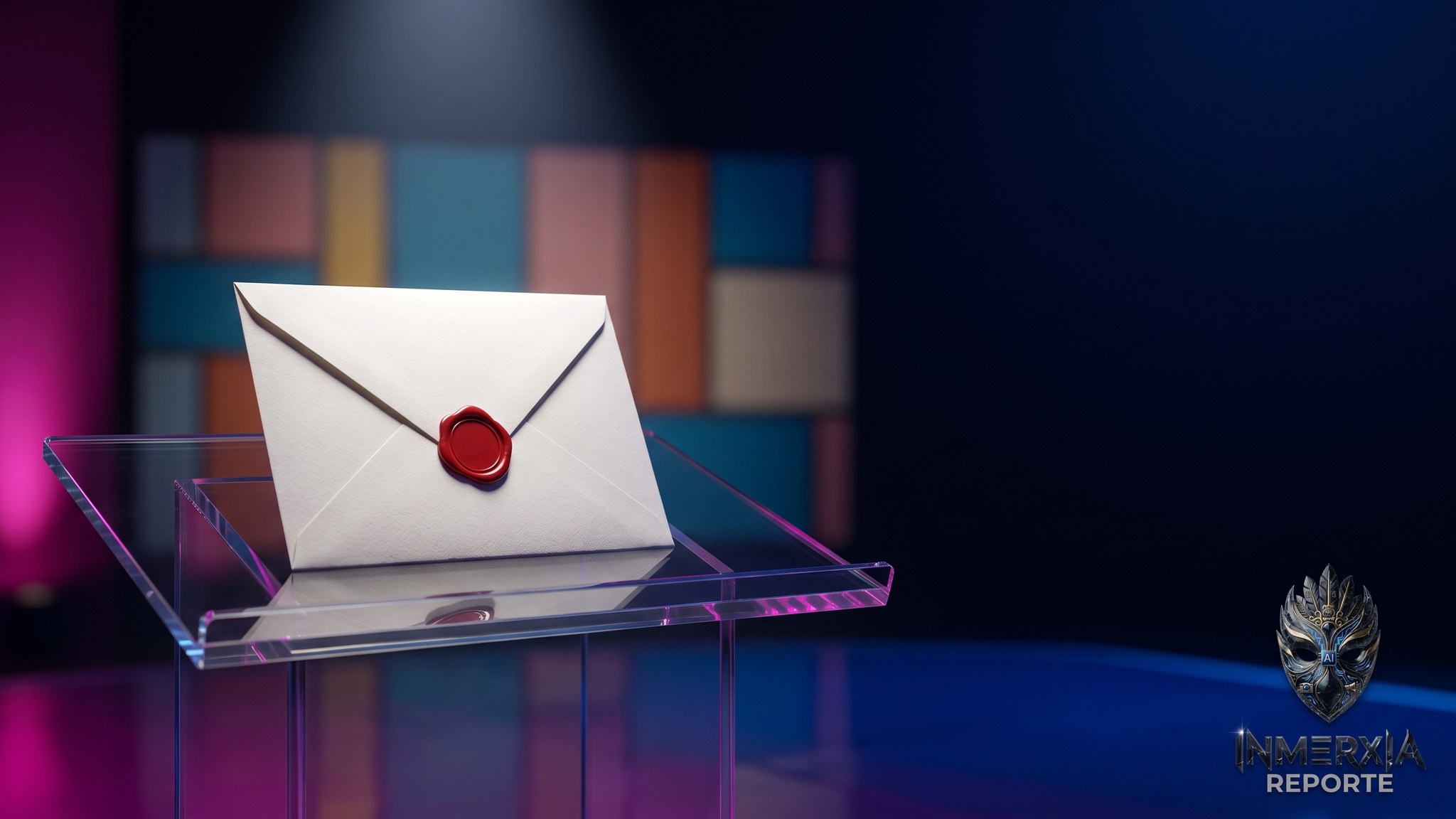 Sobre blanco cerrado con sello de lacre rojo sobre un atril de acrilico en un set de television, bajo un haz de luz cenital