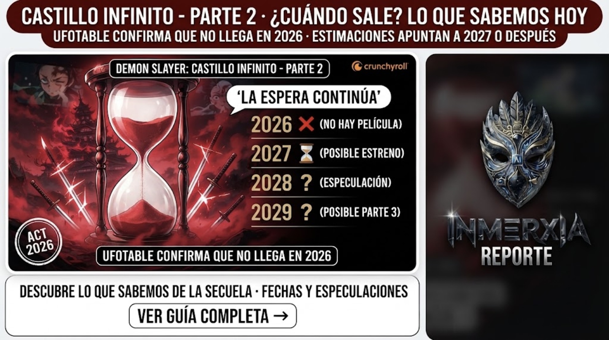 Castillo Infinito Parte 2: Ufotable confirma que no llega en 2026. Estimaciones apuntan a 2027 o después. La espera continúa para la secuela de Demon Slayer.