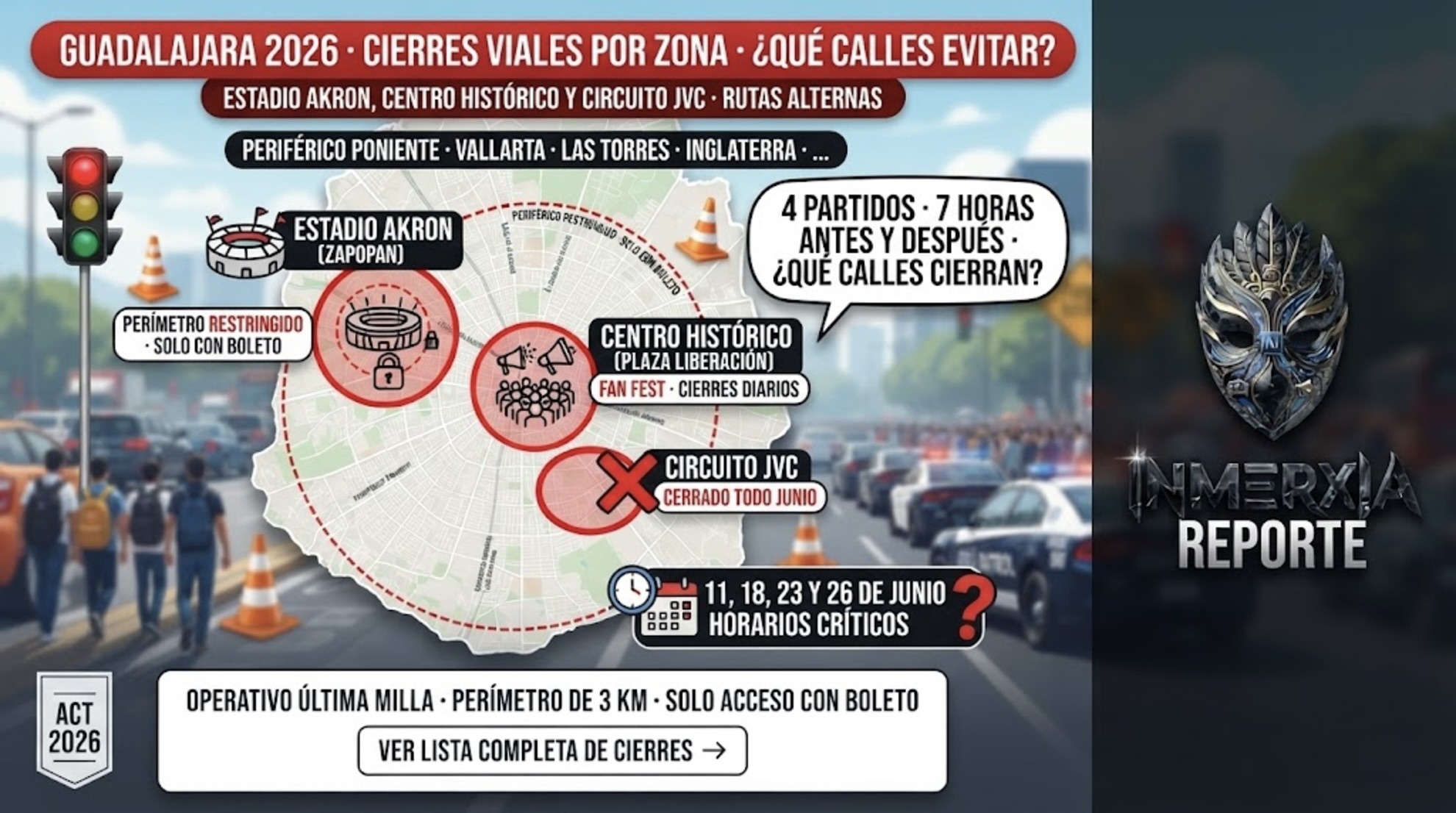 Mapa de Guadalajara con cierres viales marcados en Estadio Akron, Centro Histórico y Circuito JVC. Operativo Última Milla y perímetro de 3 km.