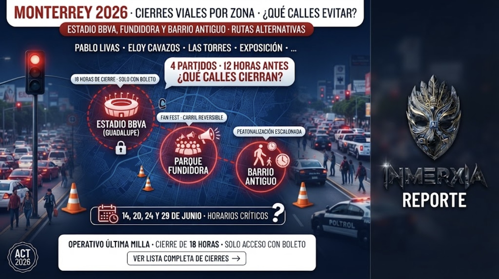 Mapa de Monterrey con cierres viales marcados en Estadio BBVA, Parque Fundidora y Barrio Antiguo. Operativo Última Milla y 18 horas de restricción.