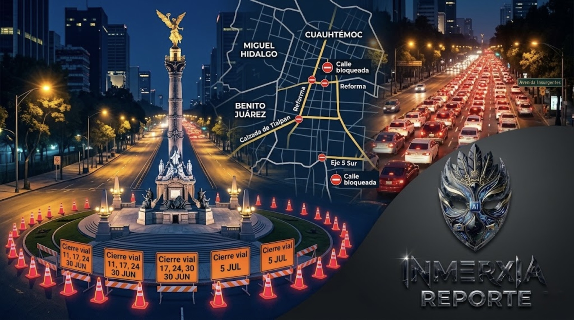 Ángel de la Independencia rodeado de conos naranjas y vallas con fechas de cierre vial durante Mundial 2026 en CDMX. Mapa de alcaldías Cuauhtémoc, Benito Juárez y Miguel Hidalgo. Tráfico pesado en Reforma e Insurgentes.