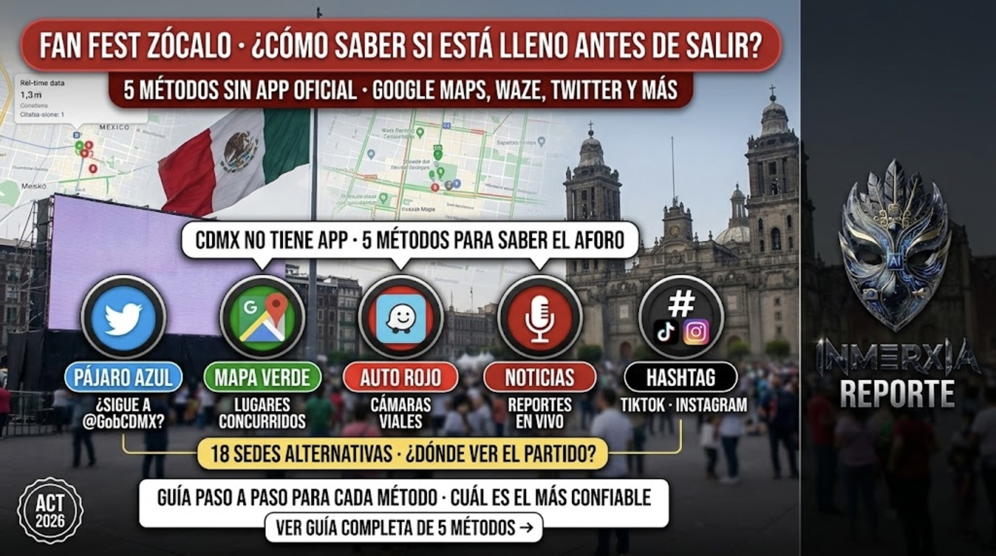 Cinco métodos para saber si el Fan Fest Zócalo está lleno: Twitter, Google Maps, Waze, noticieros y redes sociales. 18 sedes alternativas disponibles.