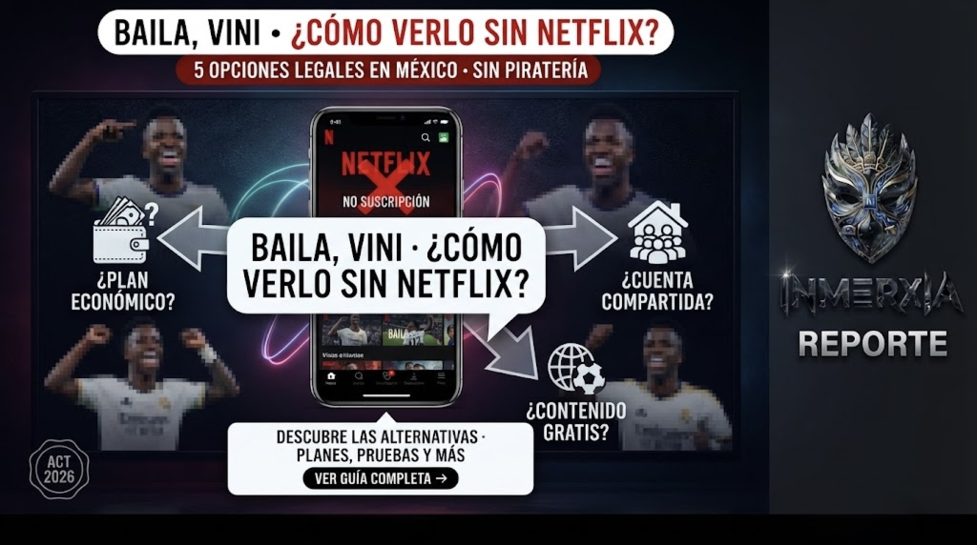 Teléfono con Netflix bloqueado y flechas hacia opciones: plan económico, cuenta compartida y contenido gratis. Título: cómo ver Baila Vini sin Netflix.