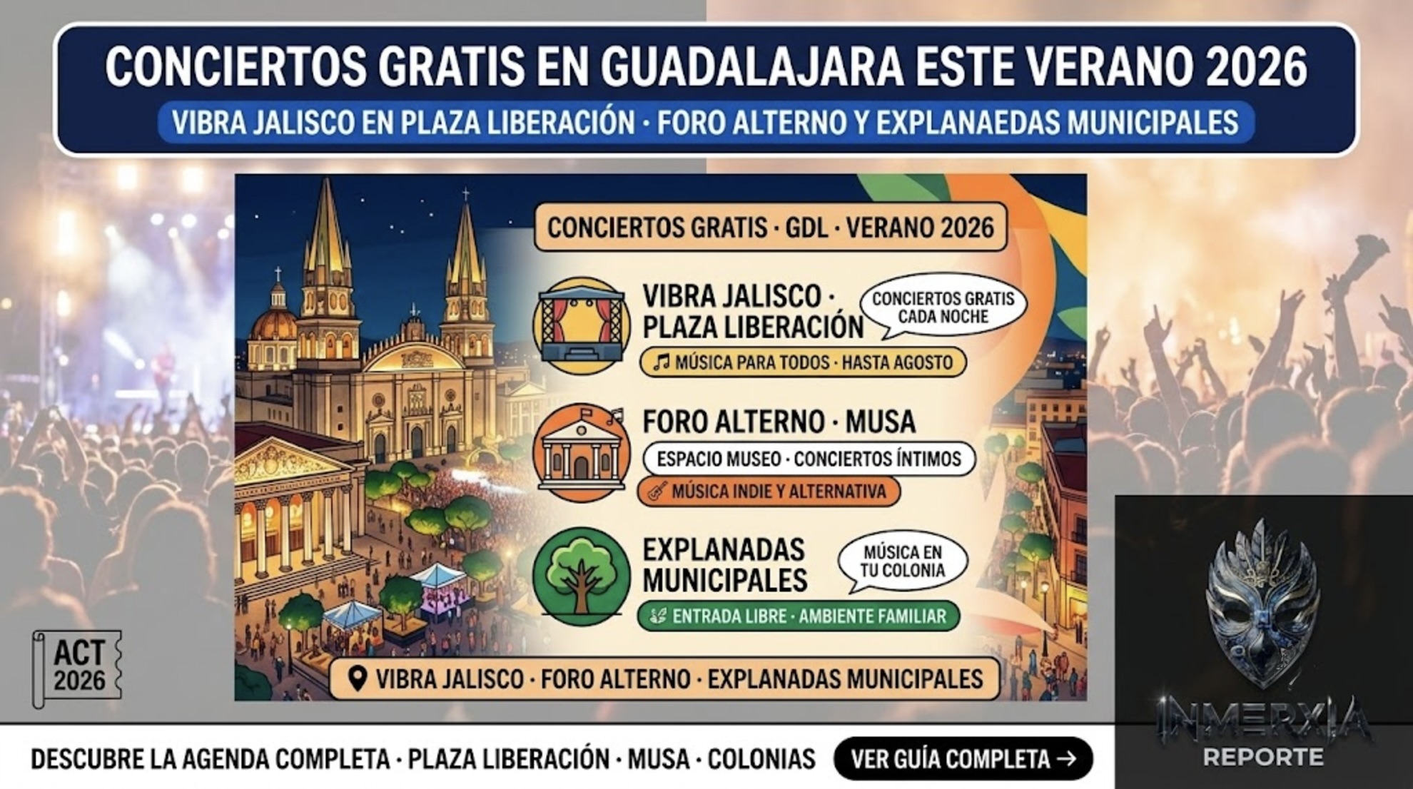 Conciertos gratis en Guadalajara verano 2026: Vibra Jalisco en Plaza Liberación, Foro Alterno MUSA y explanadas municipales. Agenda cultural hasta agosto.