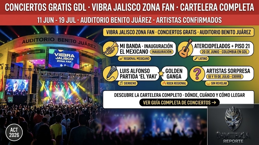 Conciertos gratis en Guadalajara. Vibra Jalisco Zona Fan en el Auditorio Benito Juárez. Mi Banda El Mexicano, Aterciopelados, Piso 21, El Yaki, Golden Ganga y artistas sorpresa. Del 11 de junio al 19 de julio. Entrada libre.