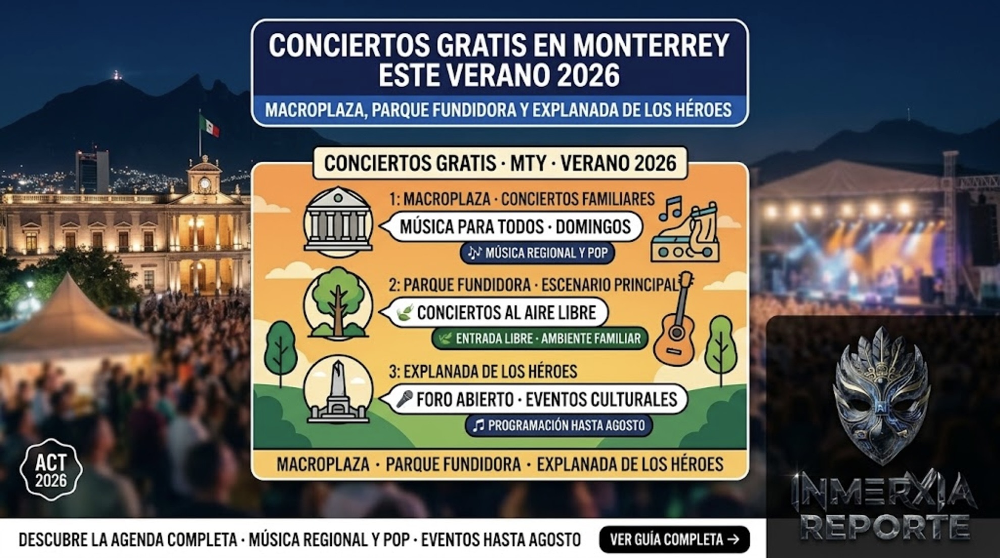 Conciertos gratis en Monterrey verano 2026: Macroplaza, Parque Fundidora y Explanada de los Héroes. Programación cultural con música regional y eventos hasta agosto.