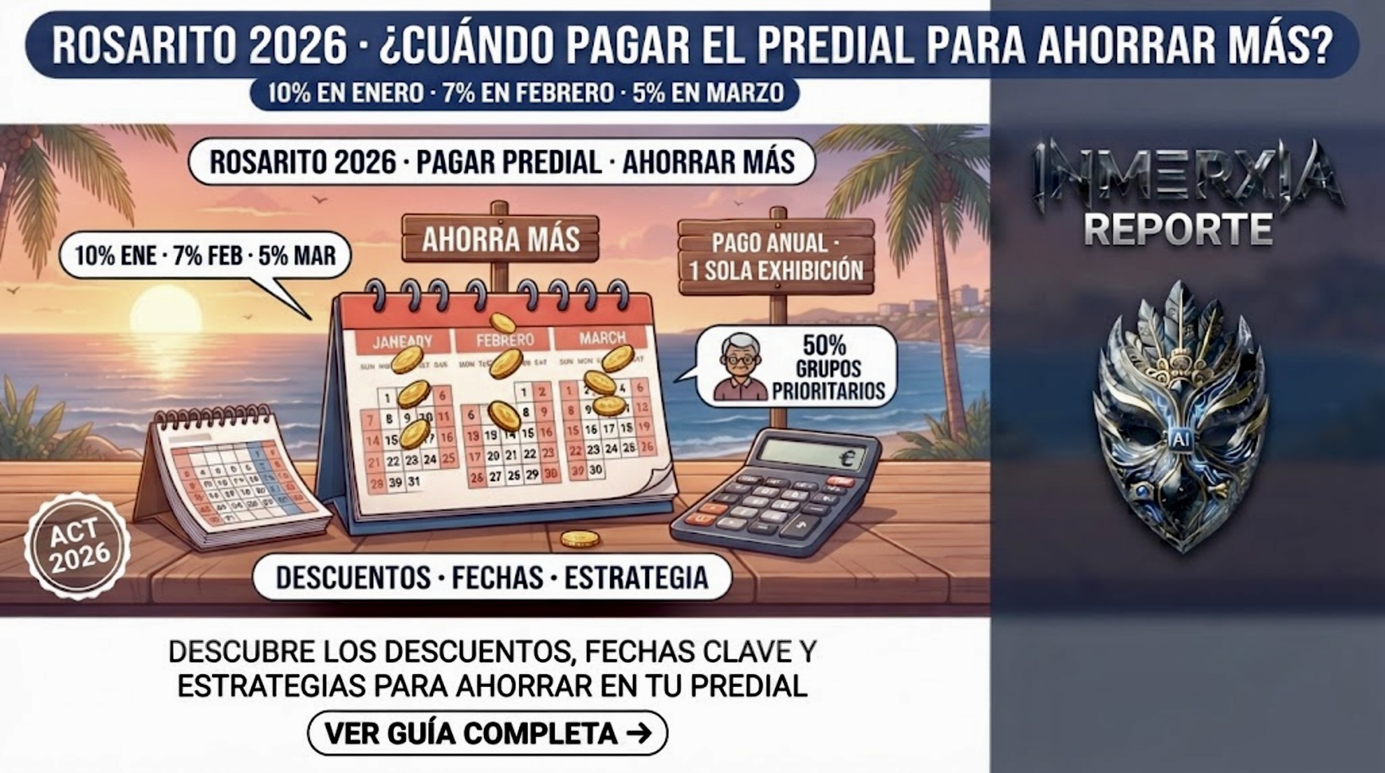 alendario con descuentos por pronto pago en Rosarito 2026: 10% en enero, 7% en febrero, 5% en marzo. Ahorra en tu predial pagando en los primeros meses del año.
