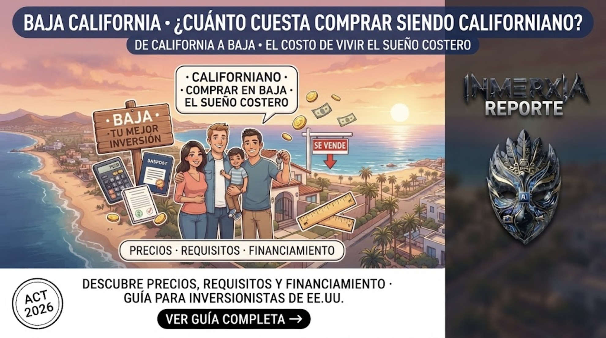 Inversionista californiano en la entrada de una propiedad costera en Baja California, con llaves y documentos, al atardecer. El sueño de comprar en Baja, el costo de vivir el sueño costero.