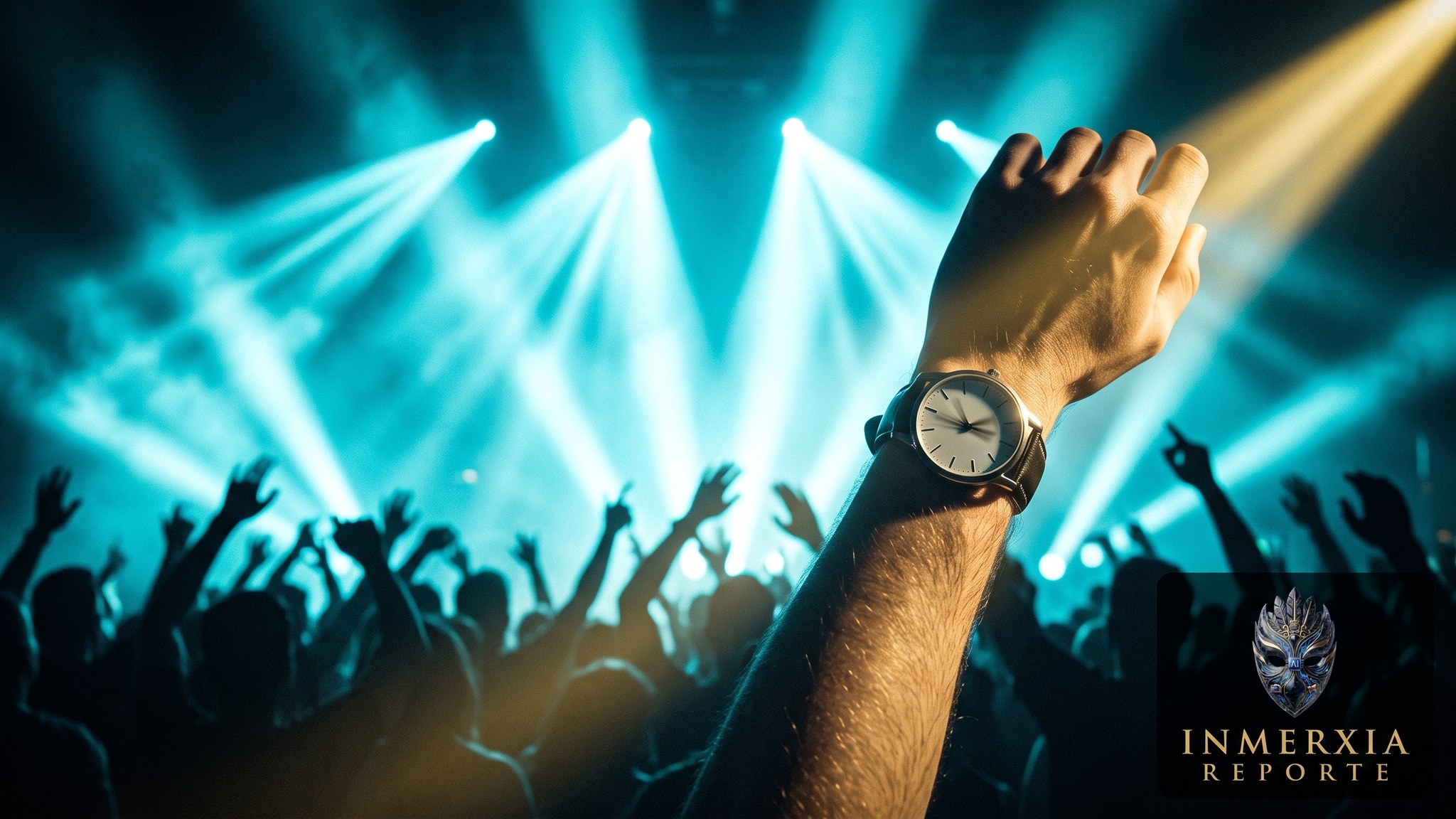 Brazo levantado con un reloj de pulsera entre el público de un concierto iluminado con haces de luz cyan
