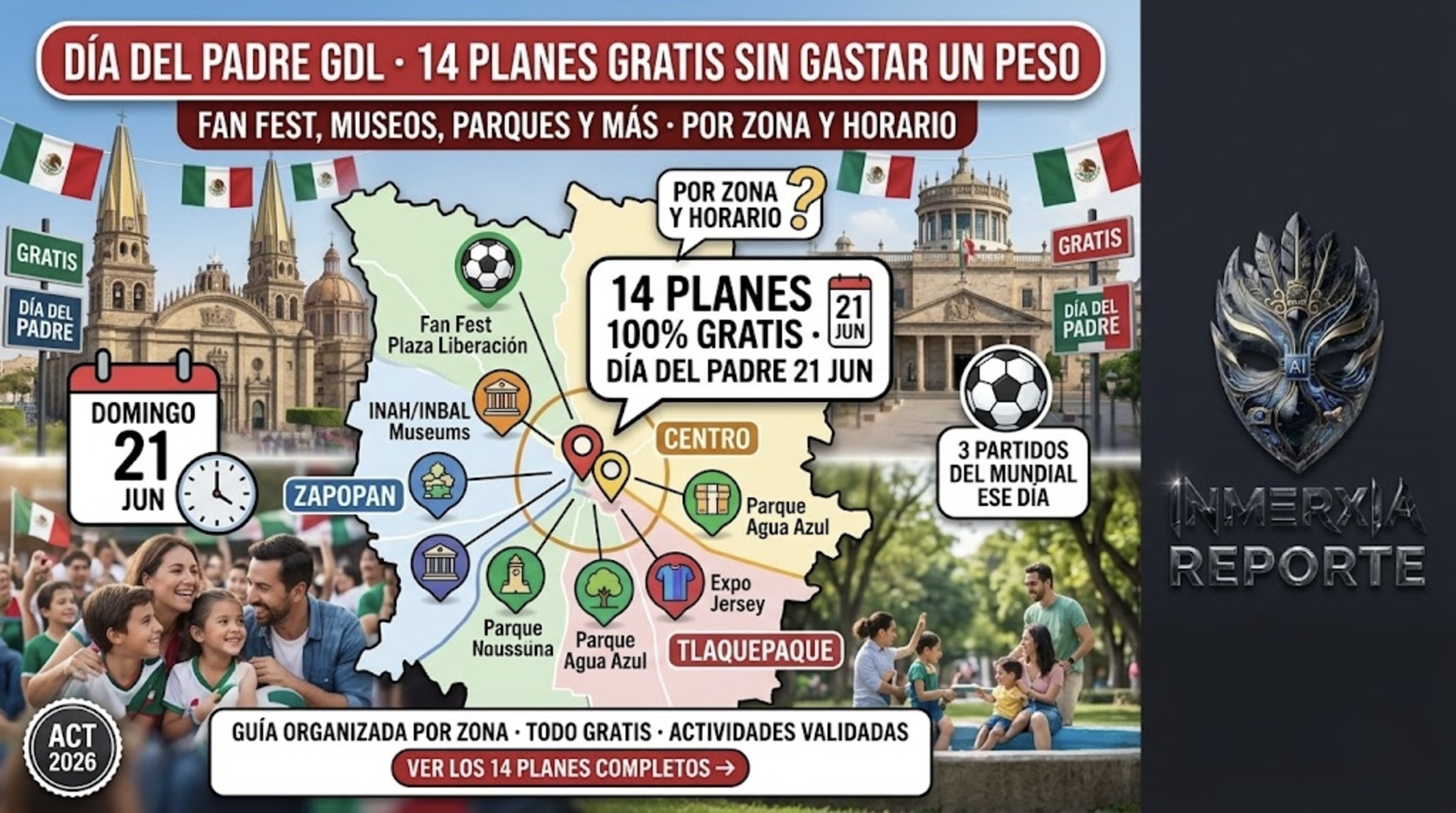 Mapa de Guadalajara con 14 planes gratis para el Día del Padre: Fan Fest, museos INAH, Parque Agua Azul y Expo Jersey. Organizado por zona.