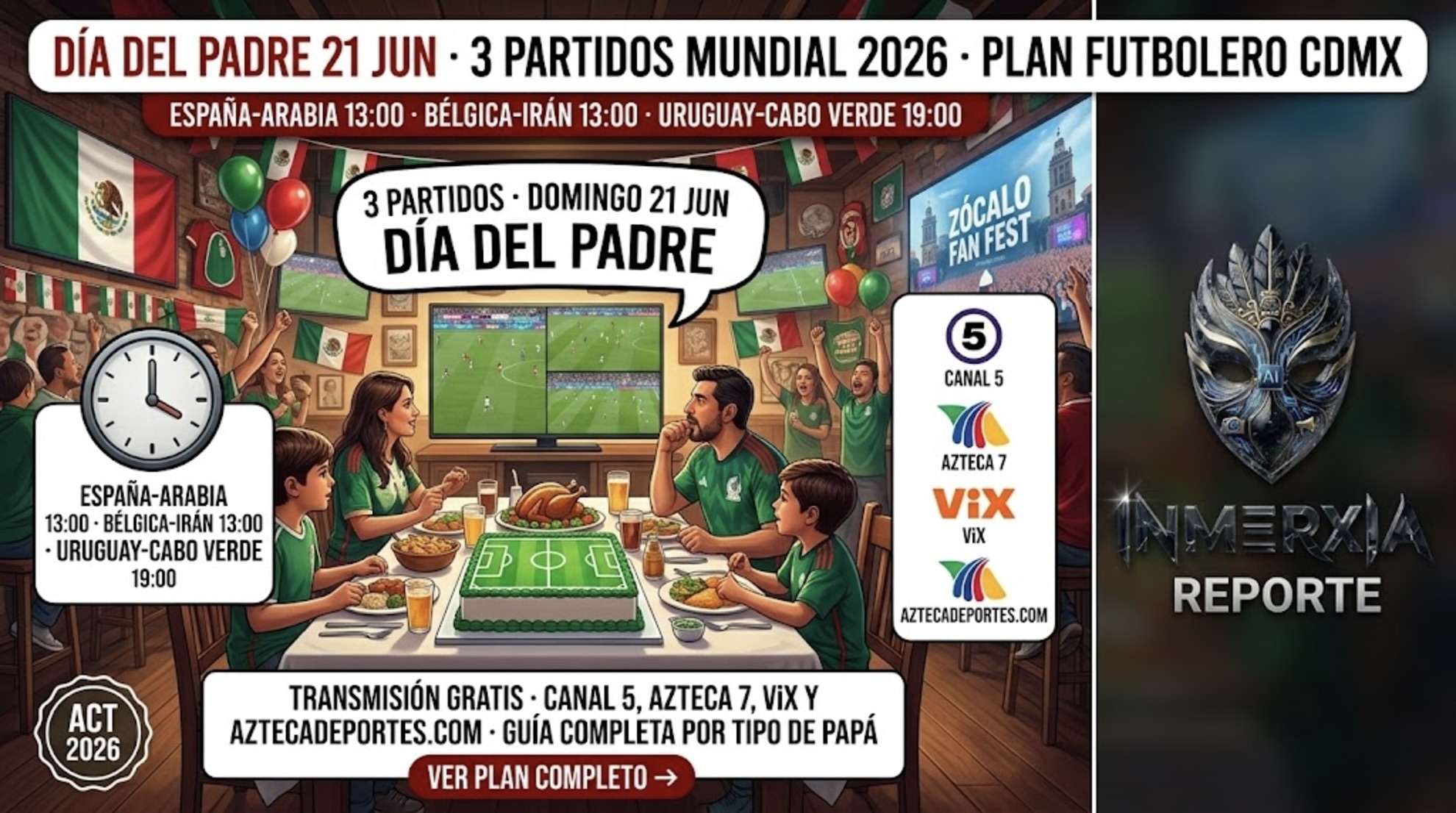 Día del Padre 21 de junio con 3 partidos del Mundial 2026: España-Arabia, Bélgica-Irán y Uruguay-Cabo Verde. Plan futbolero en CDMX con transmisión gratis en Canal 5 y Azteca 7.