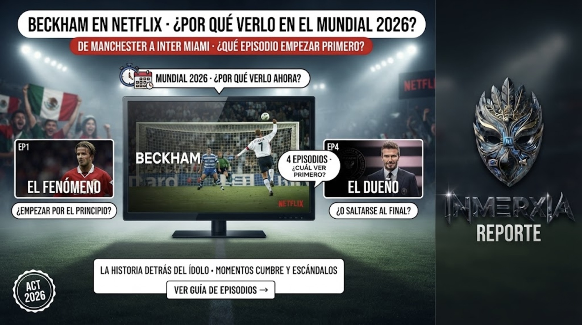 Pantalla de Netflix mostrando el documental de Beckham con su famoso tiro libre contra Grecia. Título: por qué verlo en el Mundial 2026 y qué episodio empezar.