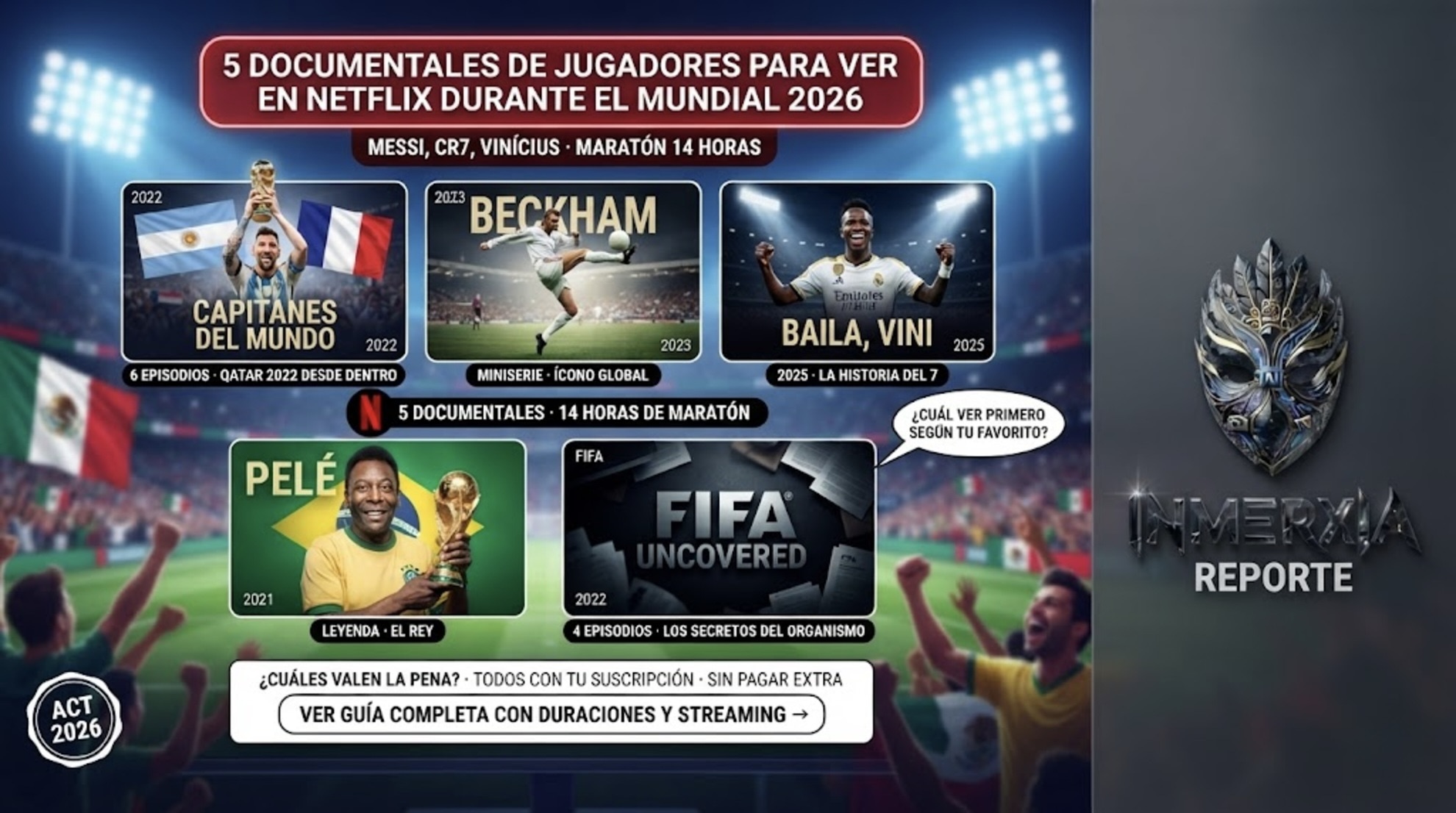 Cinco pósters de documentales de Netflix: Capitanes del Mundo, Beckham, Baila Vini, Pelé y FIFA Uncovered. Título rojo: 5 documentales de jugadores para ver en Netflix durante el Mundial 2026.