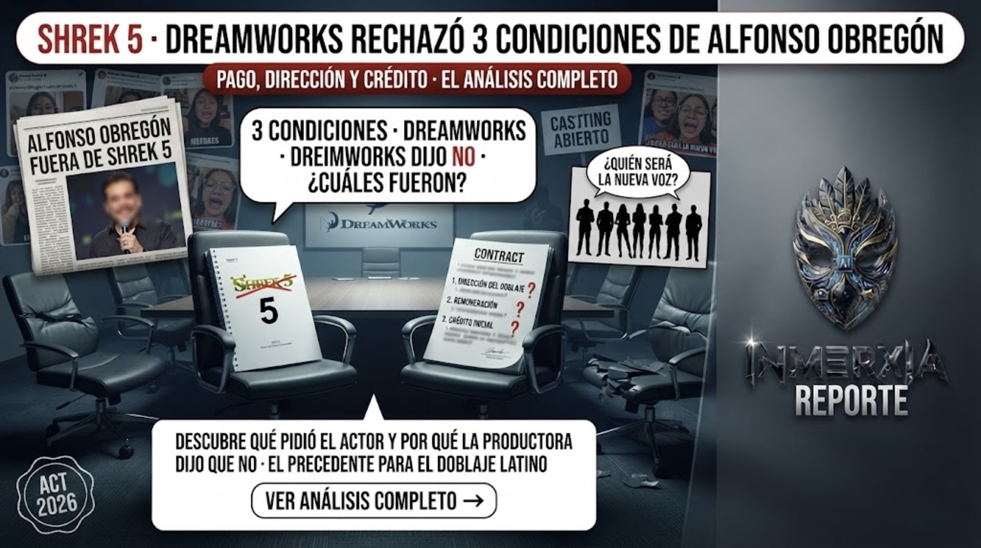 Mesa de negociación vacía con contrato de Shrek 5 y 3 condiciones censuradas. Título: DreamWorks rechazó 3 condiciones de Alfonso Obregón.