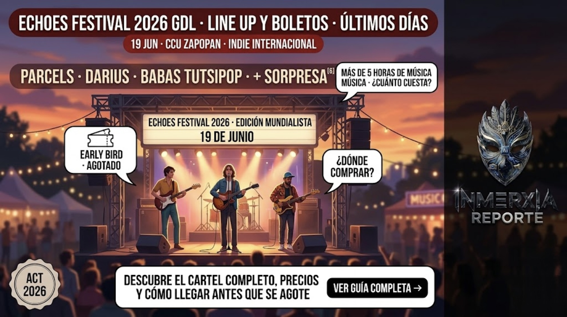 Echoes Festival 2026 en Plaza Bicentenario CCU Zapopan con Parcels, Darius y Babas Tutsipop. Early Bird agotado, boletos disponibles en Boletomovil.