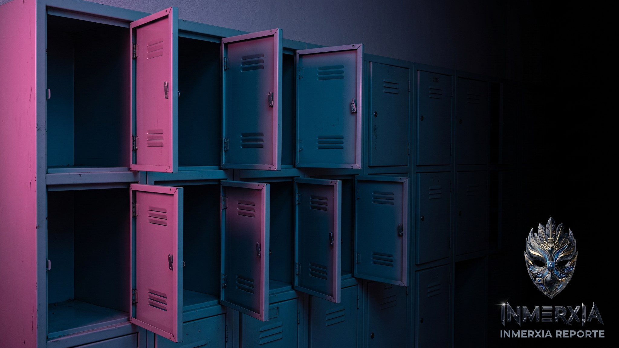 Pared de casilleros metálicos con varias puertas abiertas y vacías iluminadas en magenta y azul, y otras cerradas al fondo