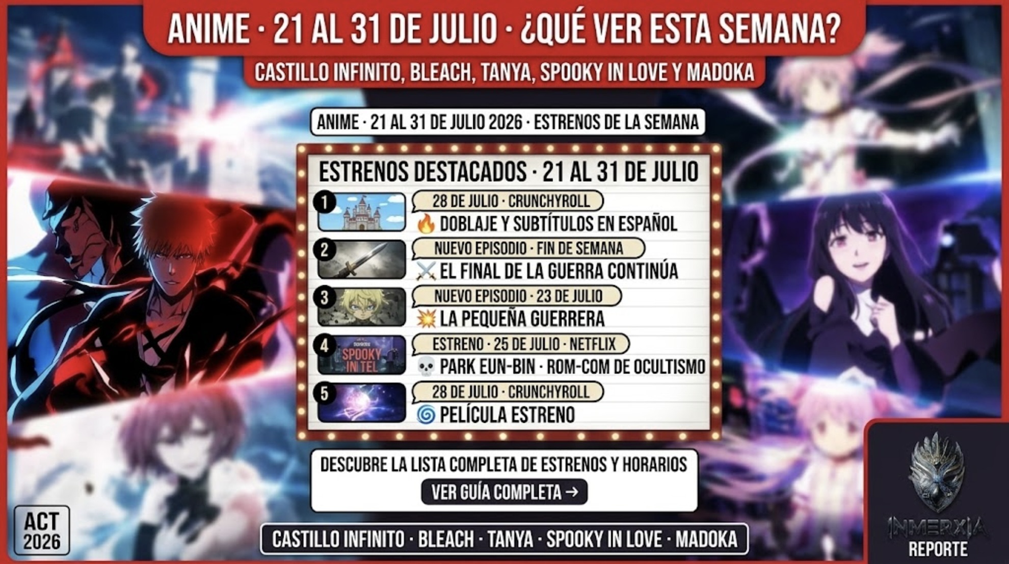 Estrenos de anime del 21 al 31 de julio 2026: Castillo Infinito (28 jul, Crunchyroll), Bleach TYBW final, Saga of Tanya S2, Spooky in Love (25 jul, Netflix) y Madoka Magica (28 jul).