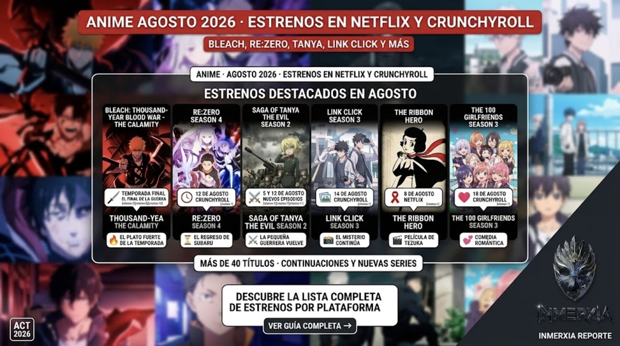 Estrenos de anime en agosto 2026 en Netflix y Crunchyroll: Bleach TYBW final, Re:Zero S4 (12 ago), Saga of Tanya S2, Link Click S3 (14 ago), The Ribbon Hero (8 ago) y The 100 Girlfriends S3 (18 ago).