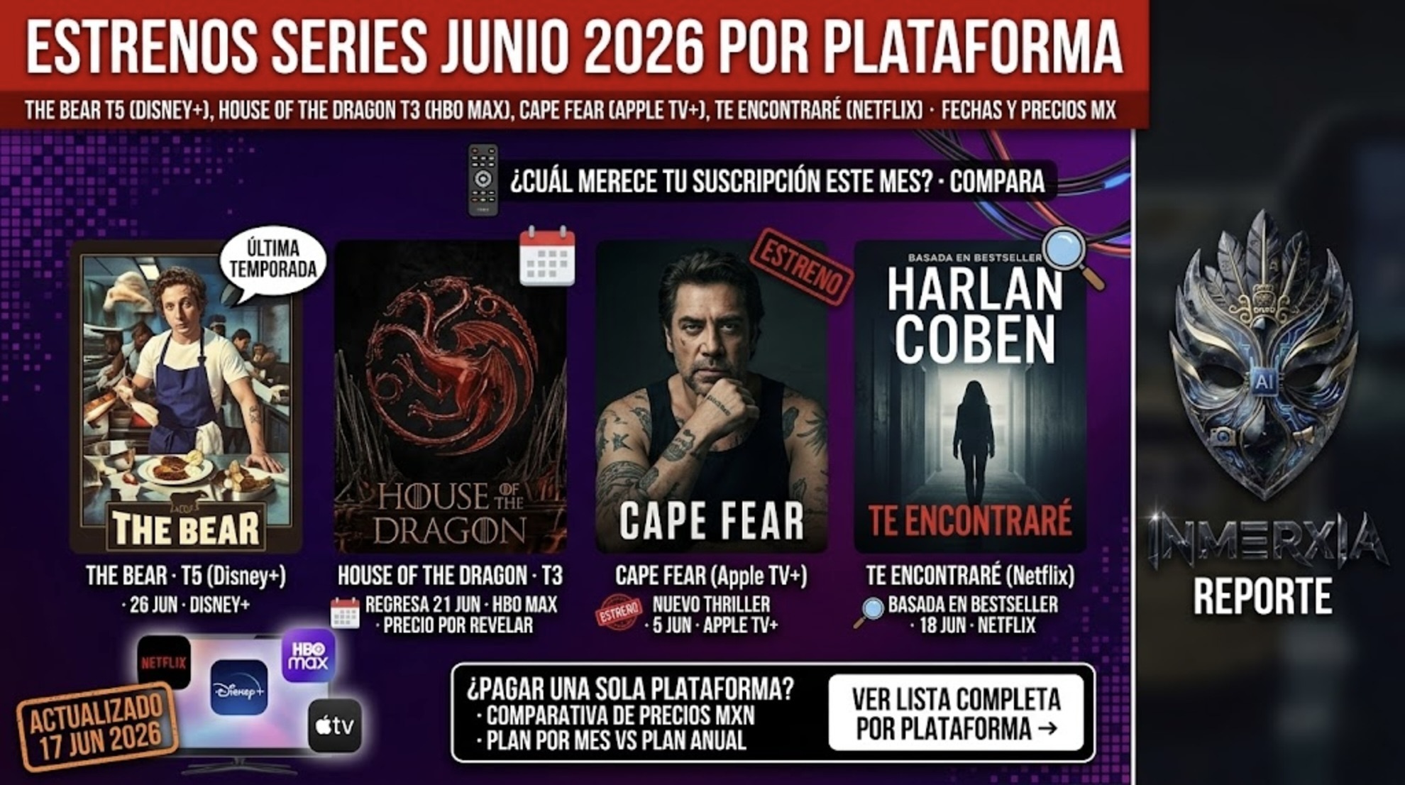 Posters de The Bear T5 (Disney+), House of the Dragon T3 (HBO Max), Cape Fear (Apple TV+), Te encontraré (Netflix). Título rojo: estrenos series junio 2026 por plataforma.