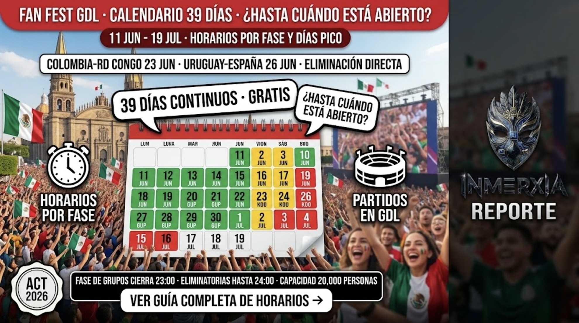 Calendario del Fan Fest Guadalajara 2026: 39 días del 11 de junio al 19 de julio. Horarios por fase, capacidad 20,000 personas y días pico de saturación.