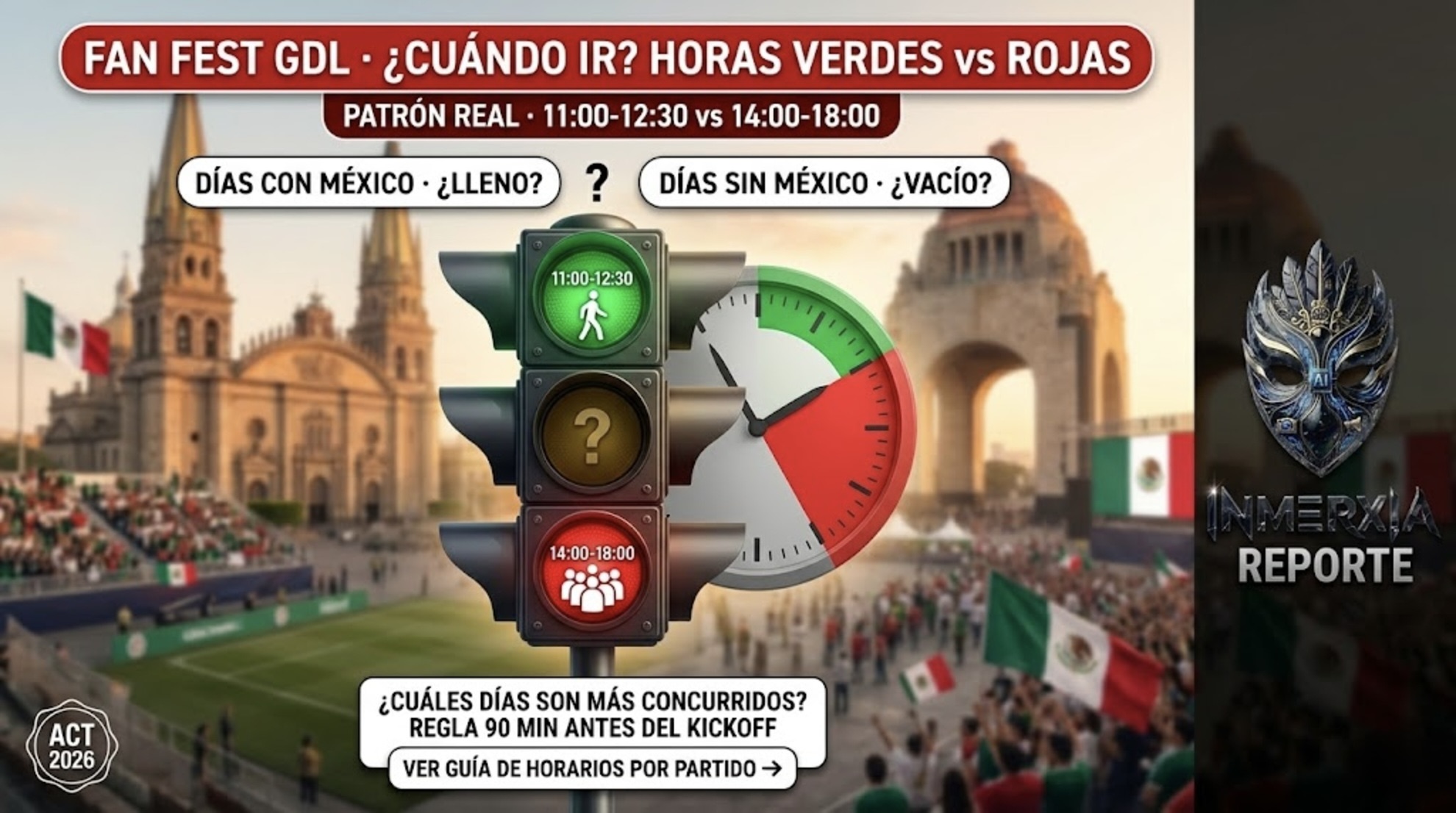 Semáforo de aforo del Fan Fest Guadalajara con hora verde (11:00-12:30) y roja (14:00-18:00). Reloj y mapa de Plaza Liberación.