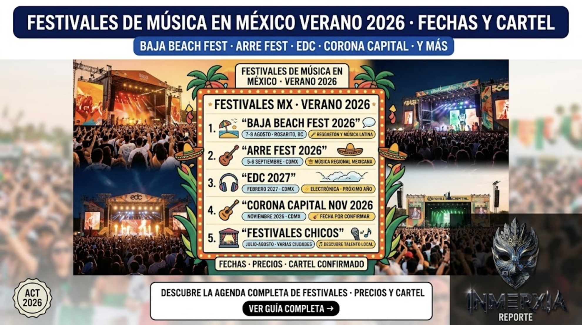 Festivales de música en México verano 2026: Baja Beach Fest (7-9 ago, Rosarito), Arre Fest (5-6 sep, CDMX), EDC (feb 2027), Corona Capital (nov 2026) y festivales chicos en julio-agosto.