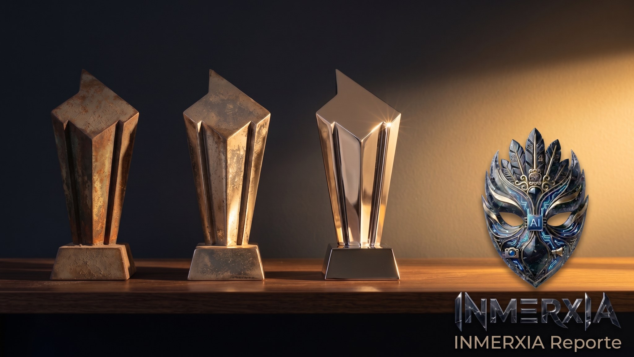 Tres trofeos dorados idénticos con distinto grado de desgaste alineados sobre una repisa de madera con luz cálida lateral
