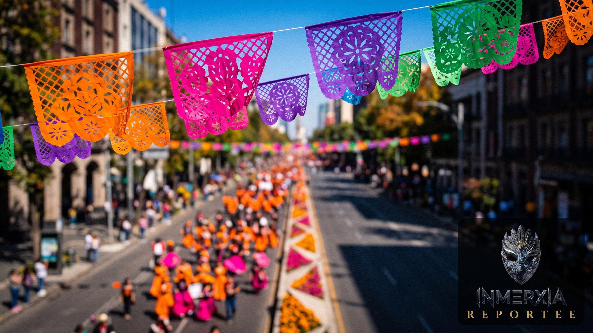 Hileras de papel picado de colores cruzando sobre una avenida con un contingente avanzando al fondo bajo cielo azul