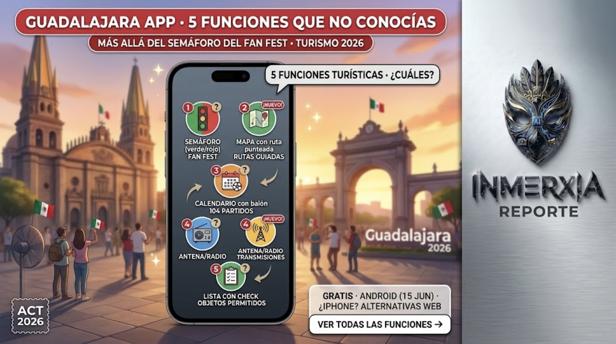 Pantalla de la Guadalajara App con 5 funciones: semáforo Fan Fest, rutas guiadas, 104 partidos, transmisiones y objetos permitidos. Título funciones ocultas.