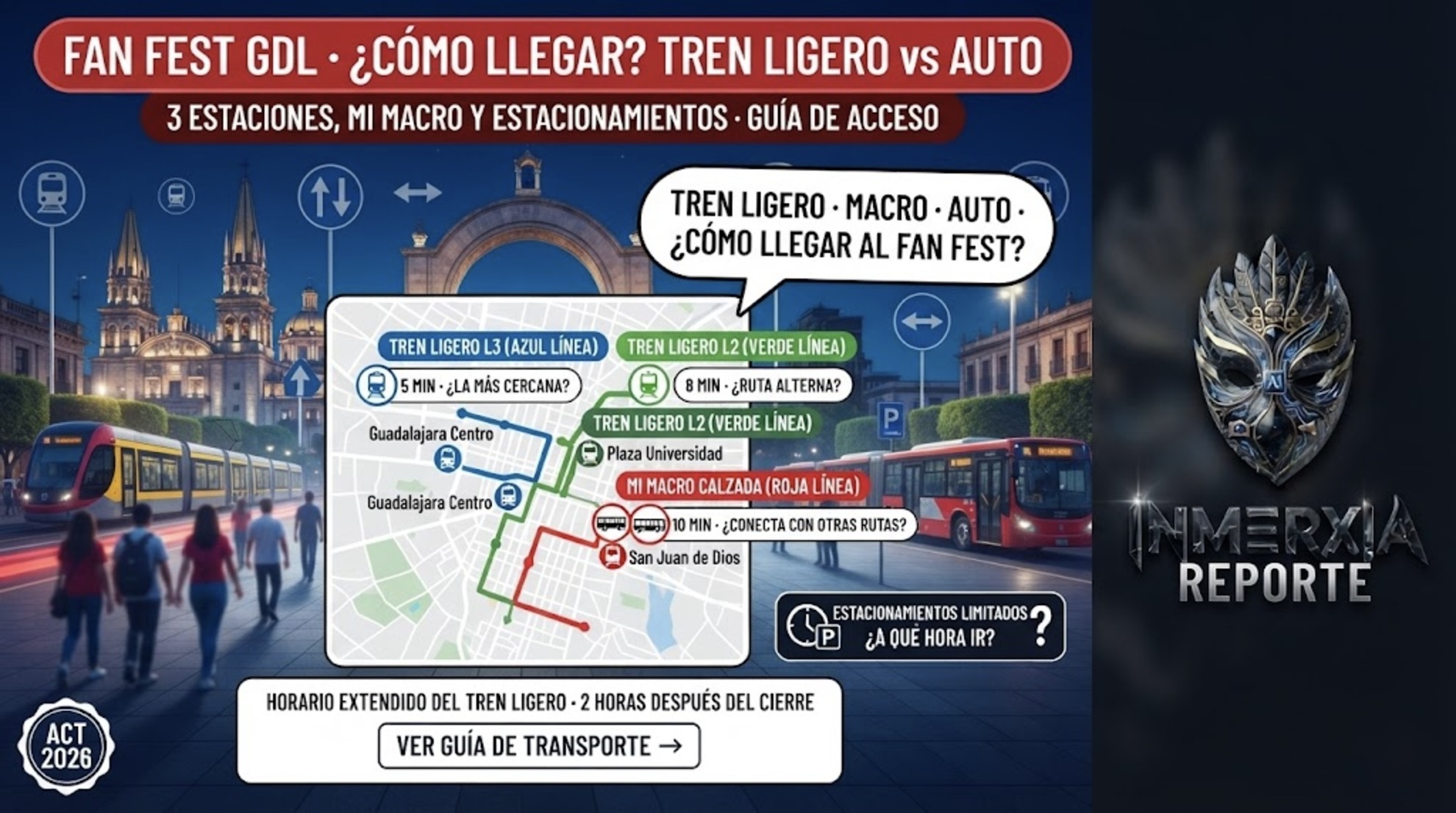 Mapa de acceso al Fan Fest GDL: Tren Ligero L3 (Guadalajara Centro), L2 (Plaza Universidad) y Mi Macro (San Juan de Dios). Estacionamientos limitados.