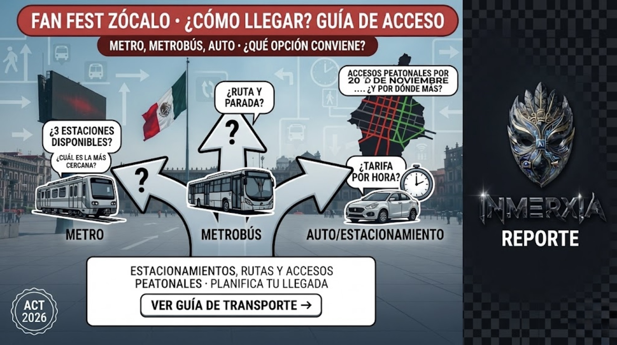 Guía de acceso al Fan Fest Zócalo: flechas de Metro, Metrobús y auto. Iconos de estacionamiento y accesos peatonales.