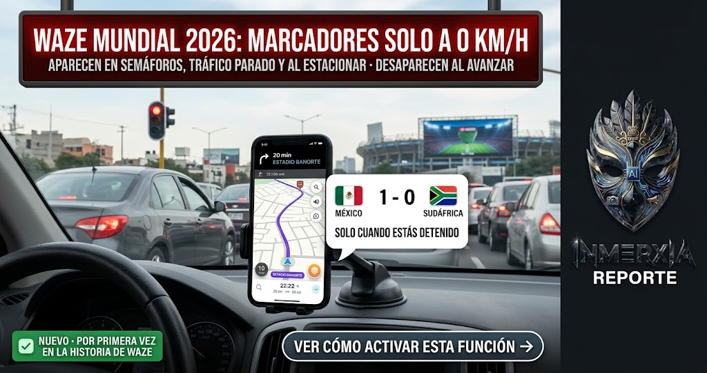 Interior de auto detenido en semáforo en rojo. Teléfono con Waze muestra ruta al Estadio Banorte y un marcador México vs Sudáfrica. Texto: "Solo cuando estás detenido". Función nueva por primera vez en la historia de Waze.