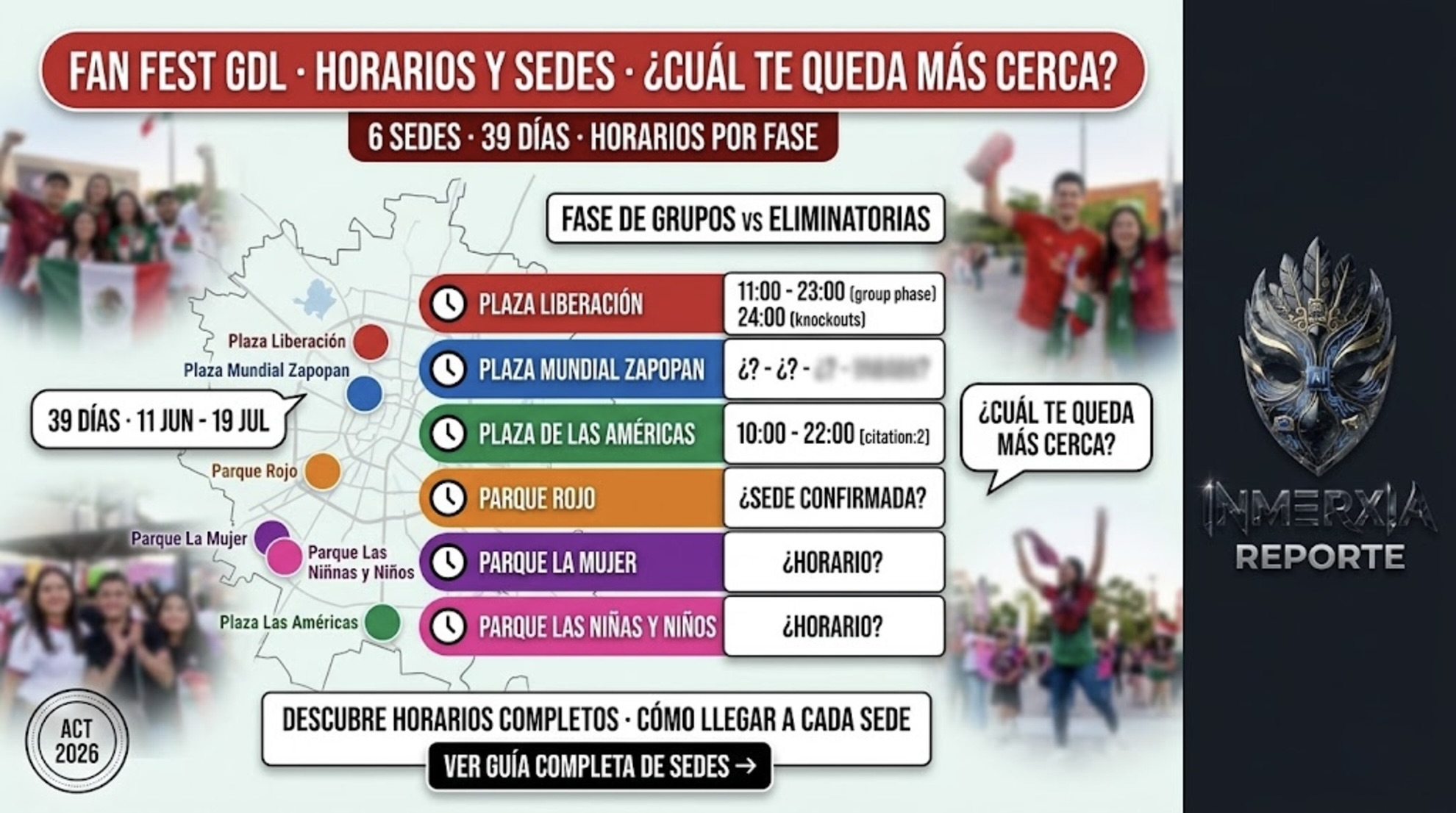 Horarios y ubicación de las 6 sedes del Fan Fest Guadalajara 2026: Plaza Liberación, Plaza Mundial Zapopan, Plaza de las Américas, Parque Rojo, Parque La Mujer y Parque Las Niñas y Niños.