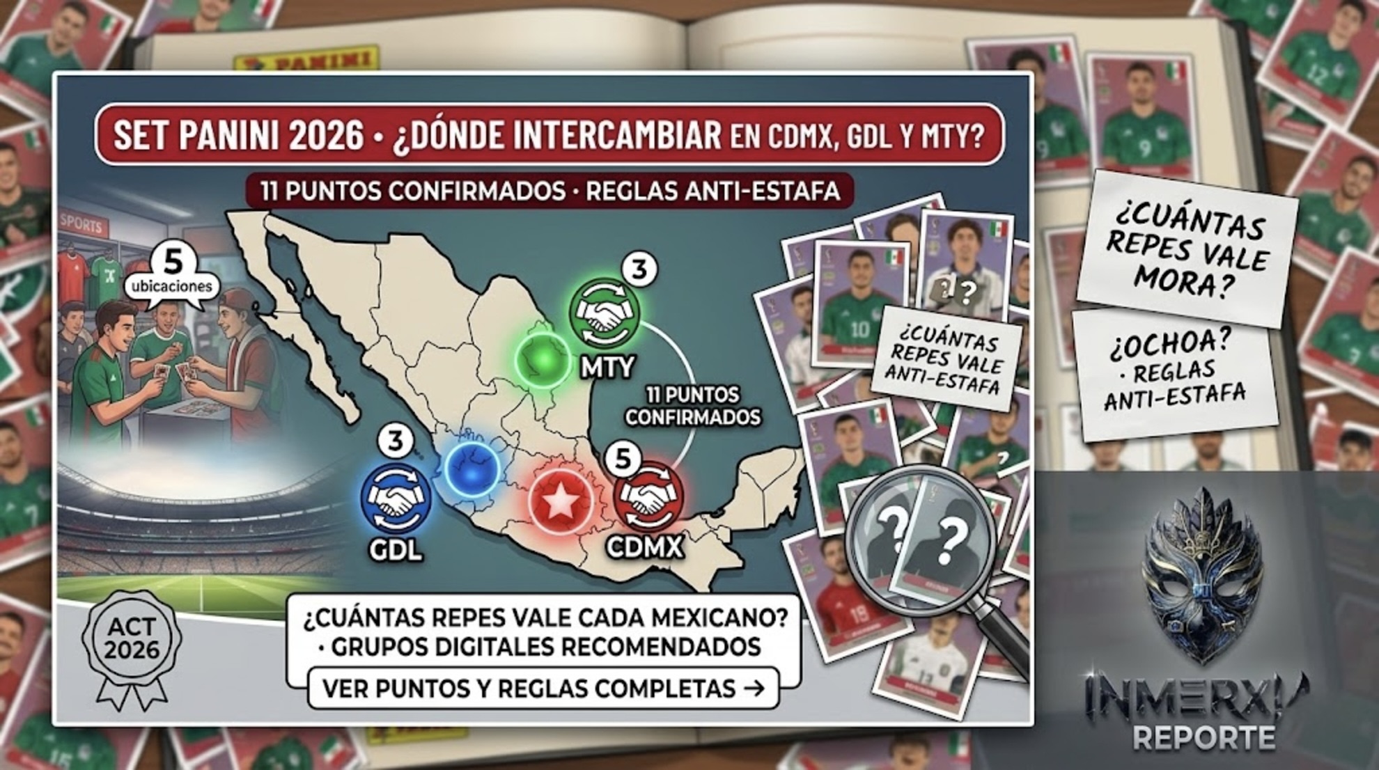 Mapa de México con puntos de intercambio en CDMX (5), GDL (3) y MTY (3) para Set Actualización Panini 2026. Estampas repetidas y reglas anti-estafa.