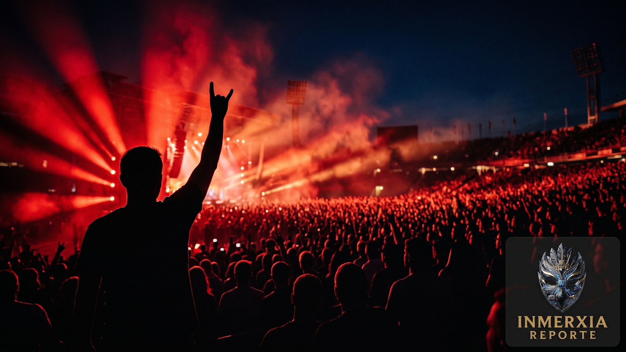 Silueta de una persona de espaldas con el brazo levantado entre el público de un estadio iluminado con luces rojas