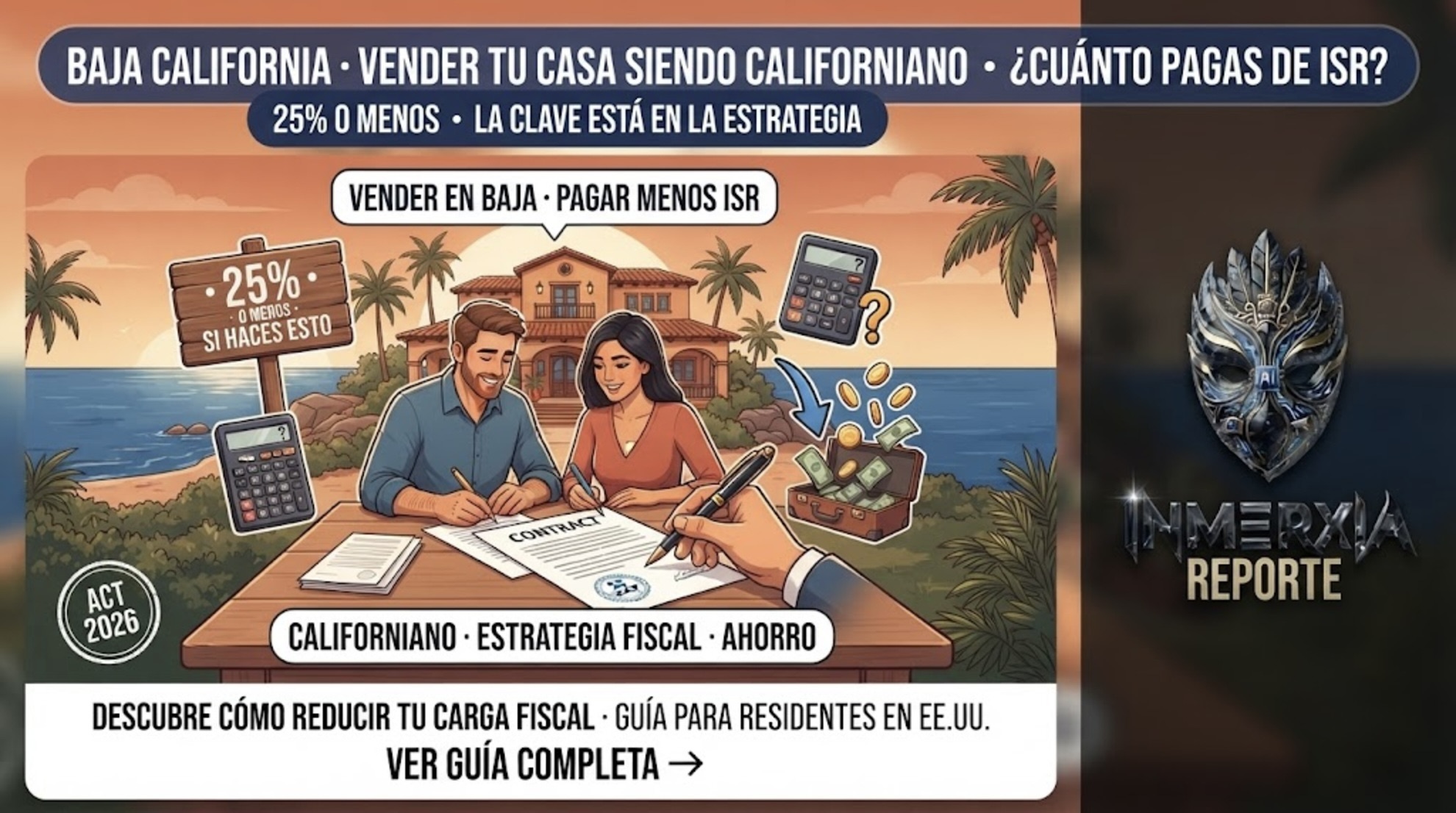 Pareja californiana firmando venta de casa en Baja California, con atardecer y palmeras de fondo. ISR 25% o menos con estrategia fiscal adecuada.