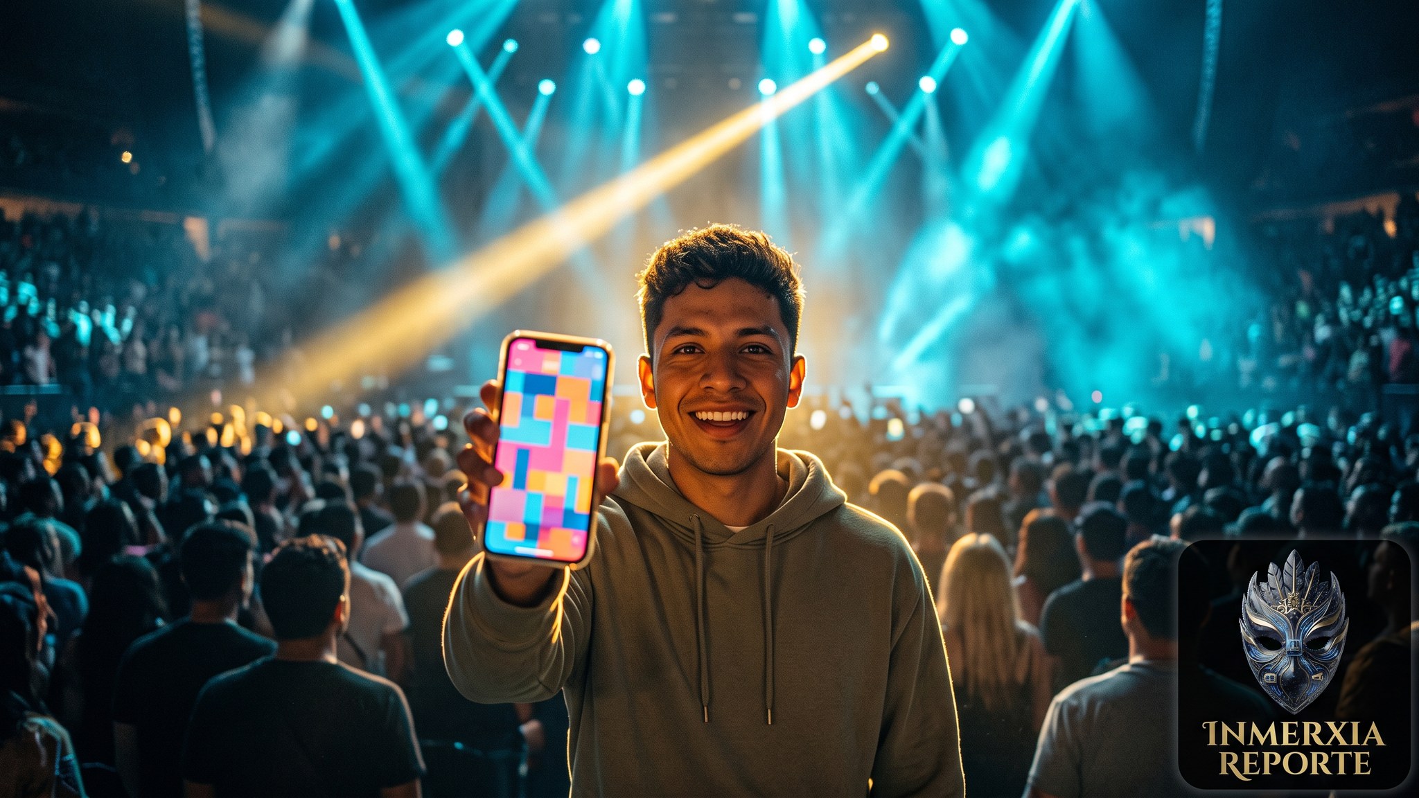 Hombre mostrando el celular entre el público de una arena llena, con haces de luz cyan cruzando el techo