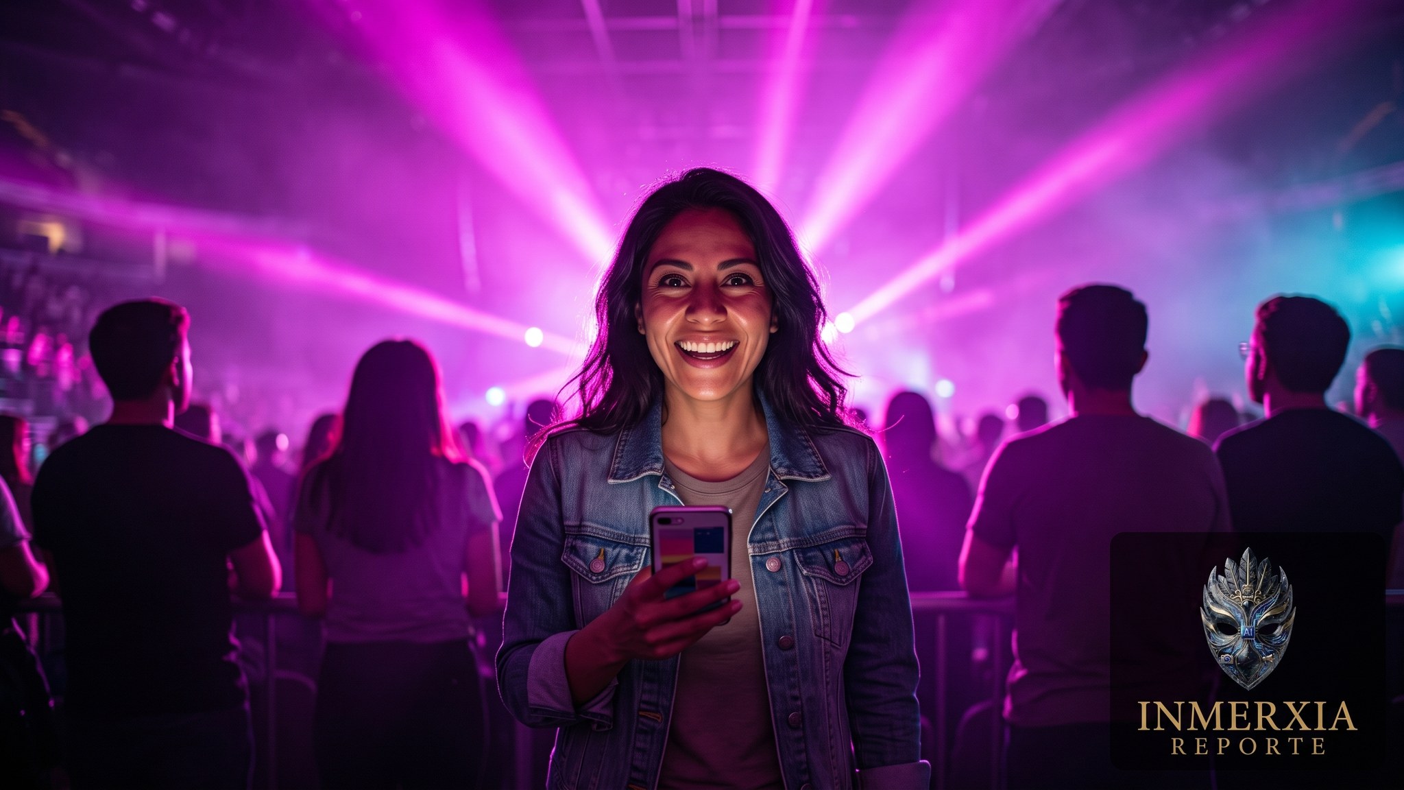 Mujer sonriendo con el celular en la mano entre el público de una arena iluminada con haces magenta
