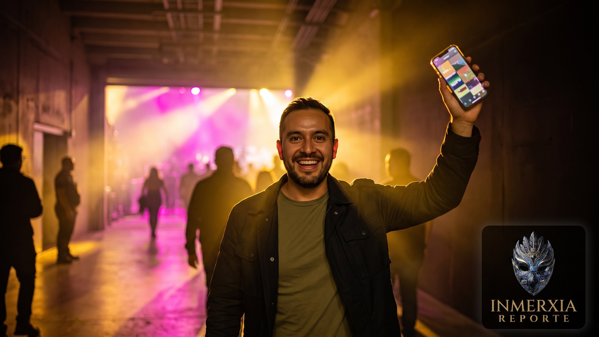 Hombre sonriendo con el celular en alto en el túnel de acceso de una arena, con haces de luz dorada y magenta al fondo