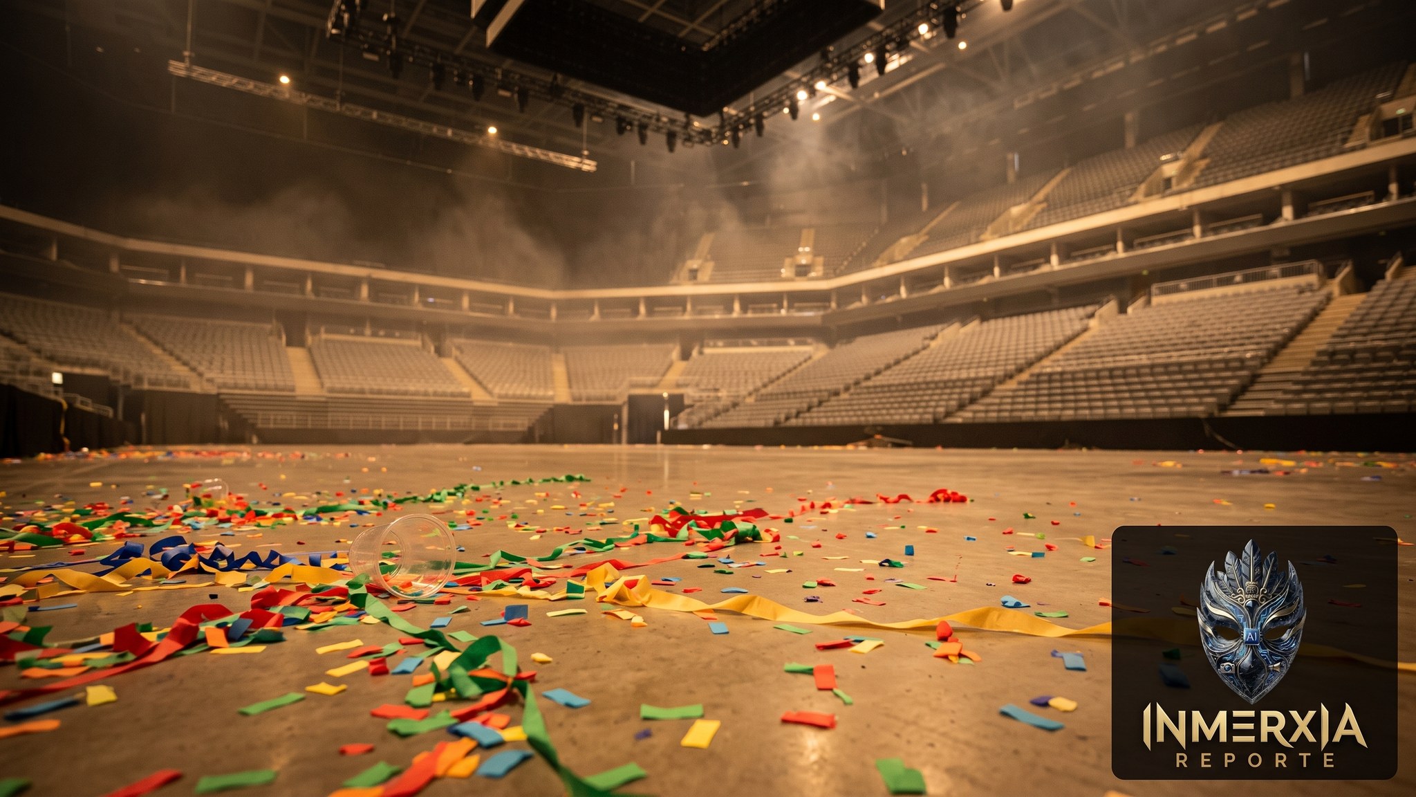 Confeti de colores y serpentinas sobre el piso de una arena vacía después de un concierto, con las gradas al fondo
