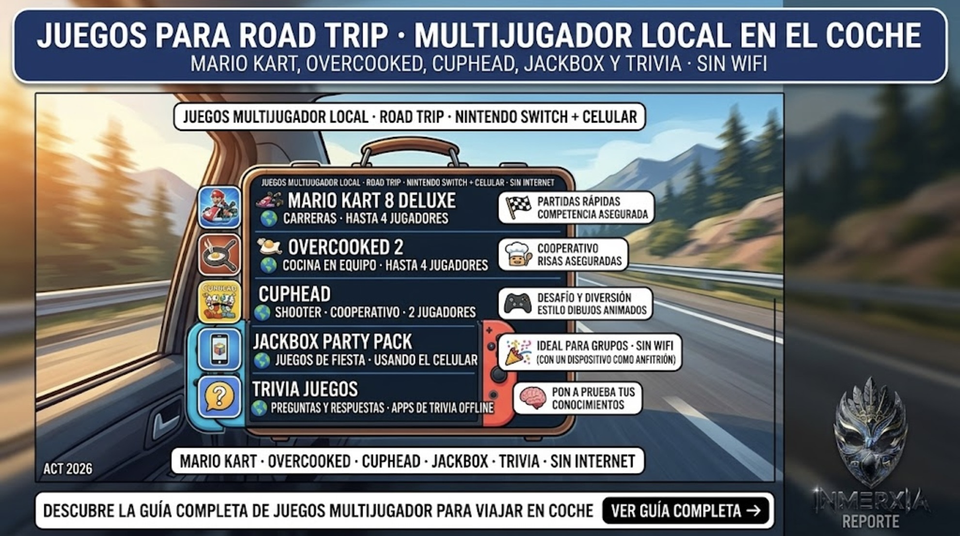 5 juegos multijugador local para road trip: Mario Kart 8 Deluxe, Overcooked 2, Cuphead, Jackbox Party Pack y juegos de trivia offline. Para Nintendo Switch y celular. Sin internet.