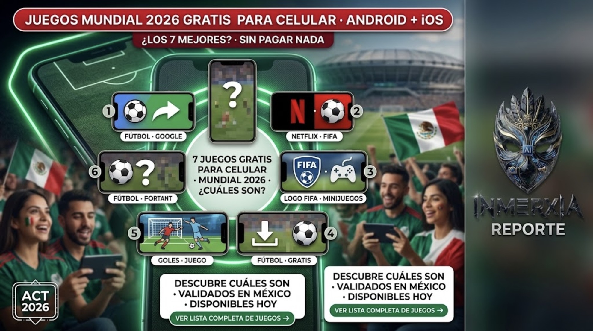 Siete teléfonos con juegos de fútbol borrosos, numerados del 1 al 7. Título: juegos gratis para celular durante el Mundial 2026.