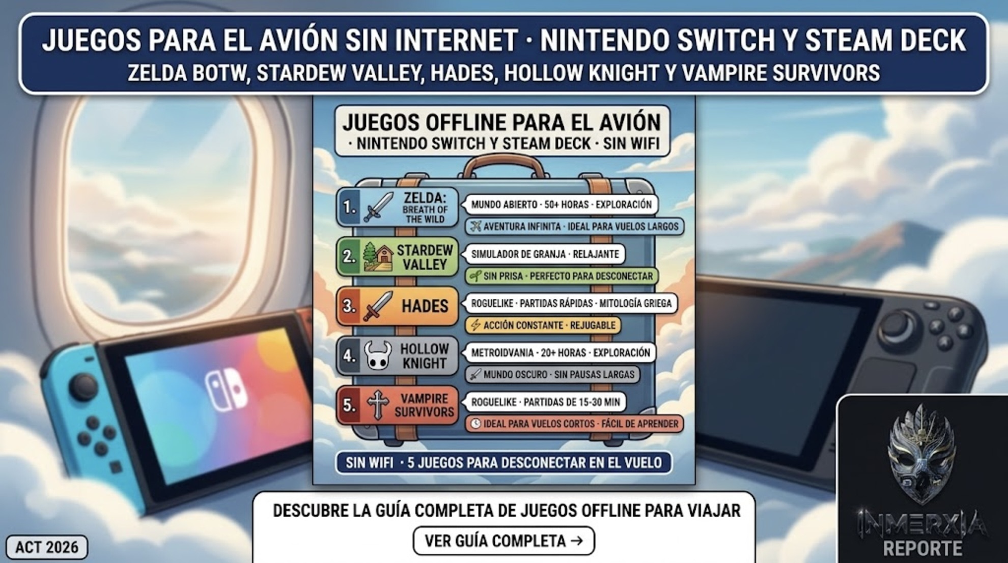 5 juegos offline para avión: Zelda Breath of the Wild, Stardew Valley, Hades, Hollow Knight y Vampire Survivors. Disponibles en Nintendo Switch y Steam Deck. Sin WiFi en vuelo.