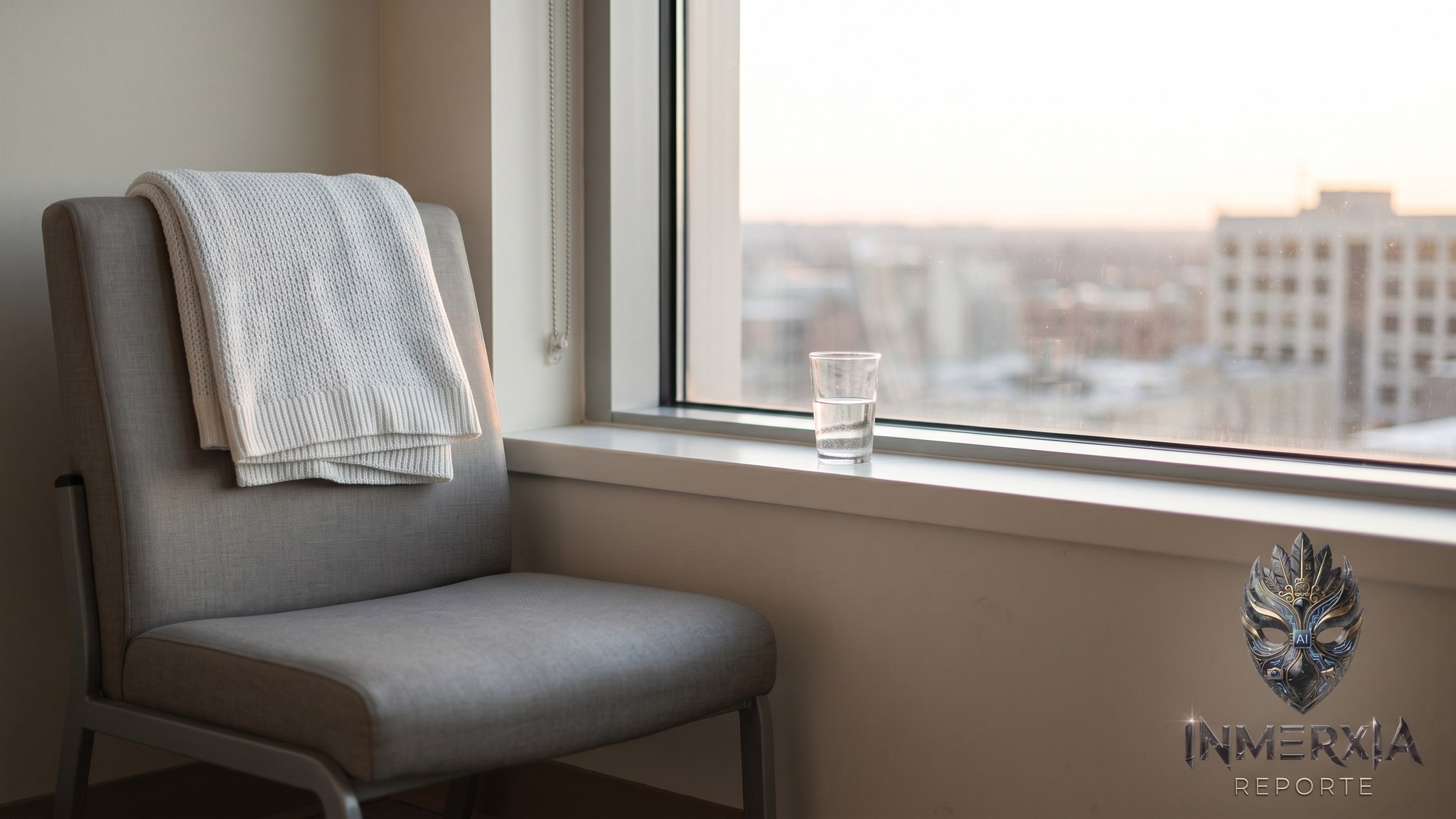 Silla gris con una cobija blanca doblada junto a una ventana con luz suave de amanecer y un vaso de agua en el alféizar