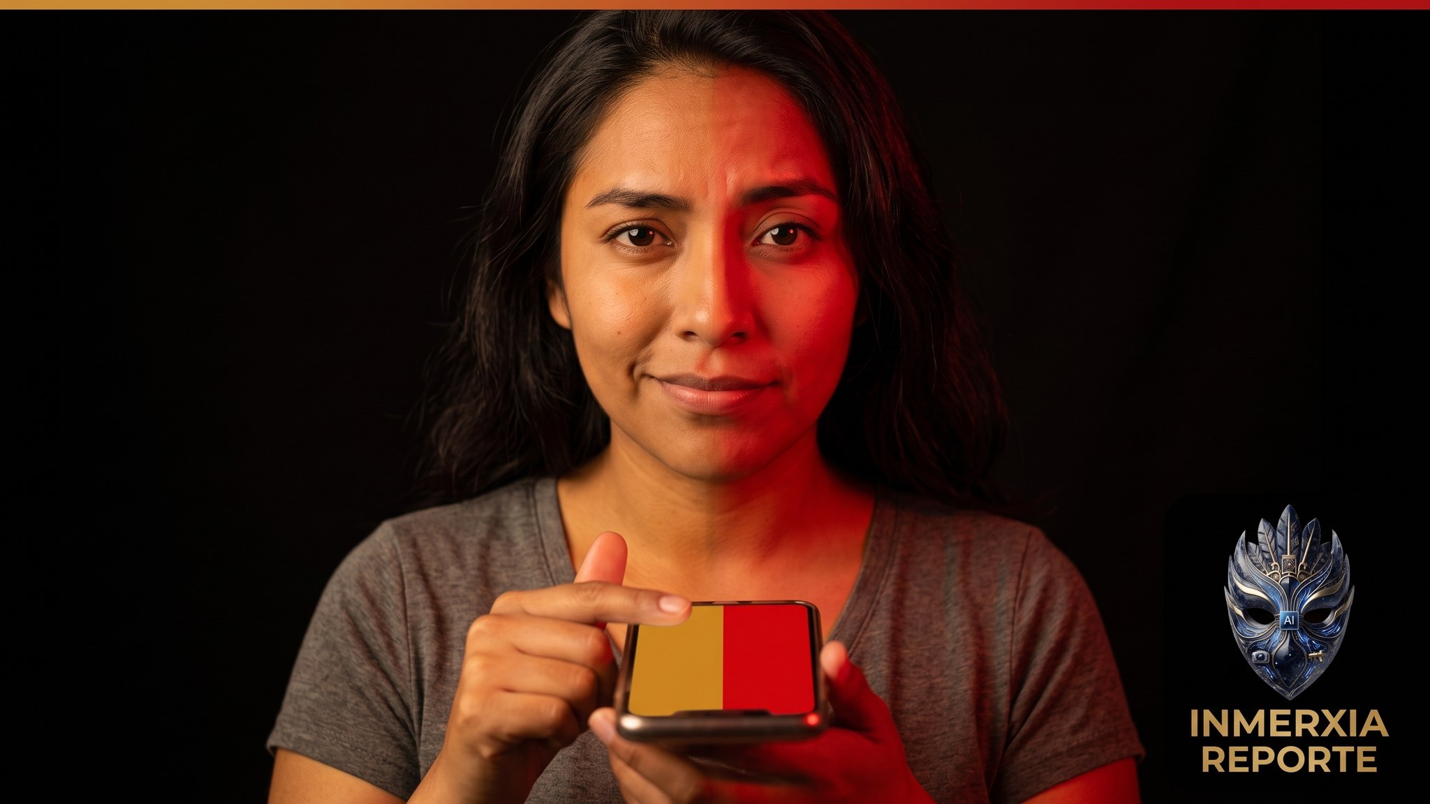 Mujer con el rostro dividido por luz ámbar y roja sostiene un celular con dos bloques de color en la pantalla