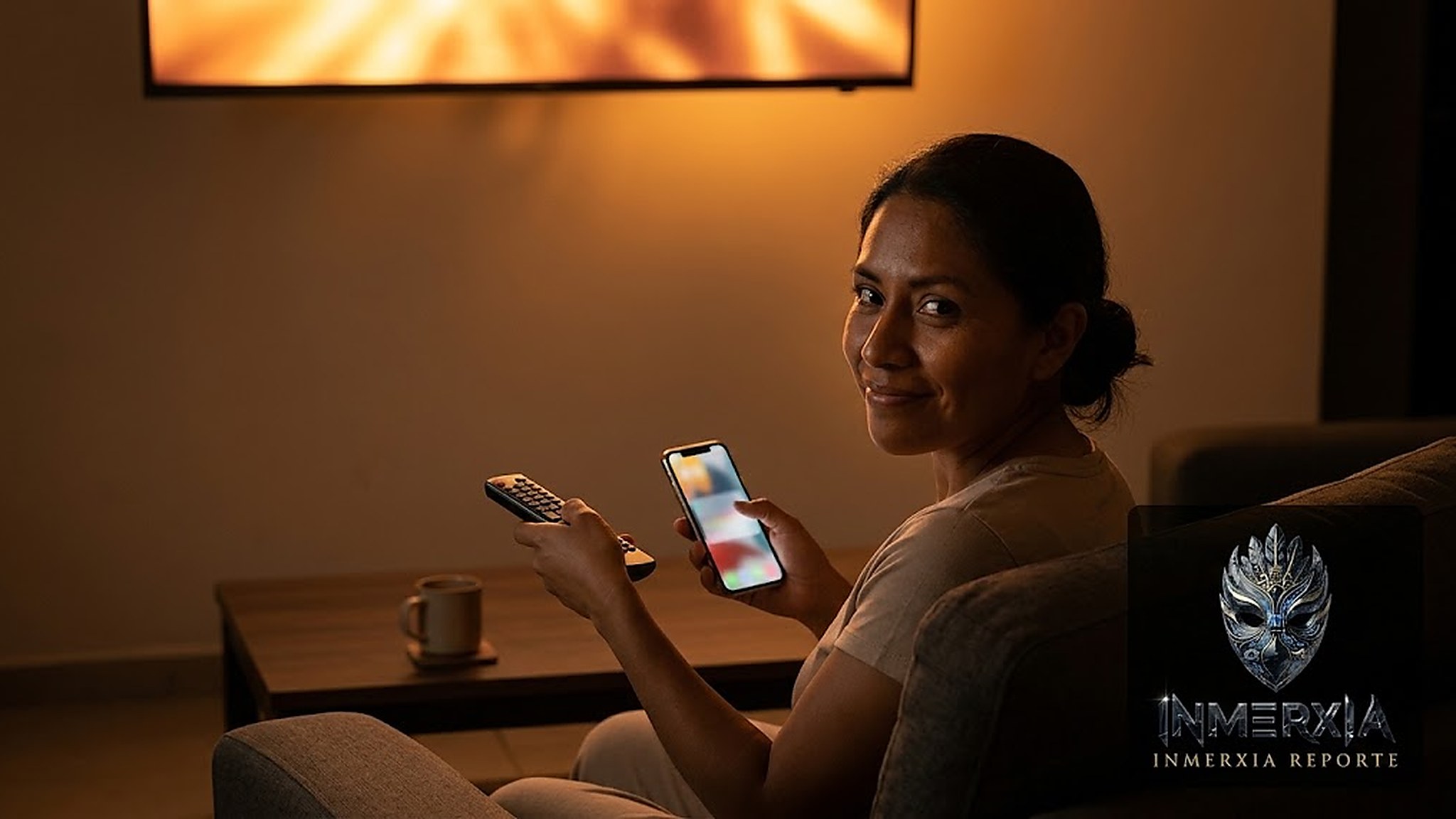 Mujer en un sillón con el control remoto en una mano y el celular en la otra, frente a una televisión encendida