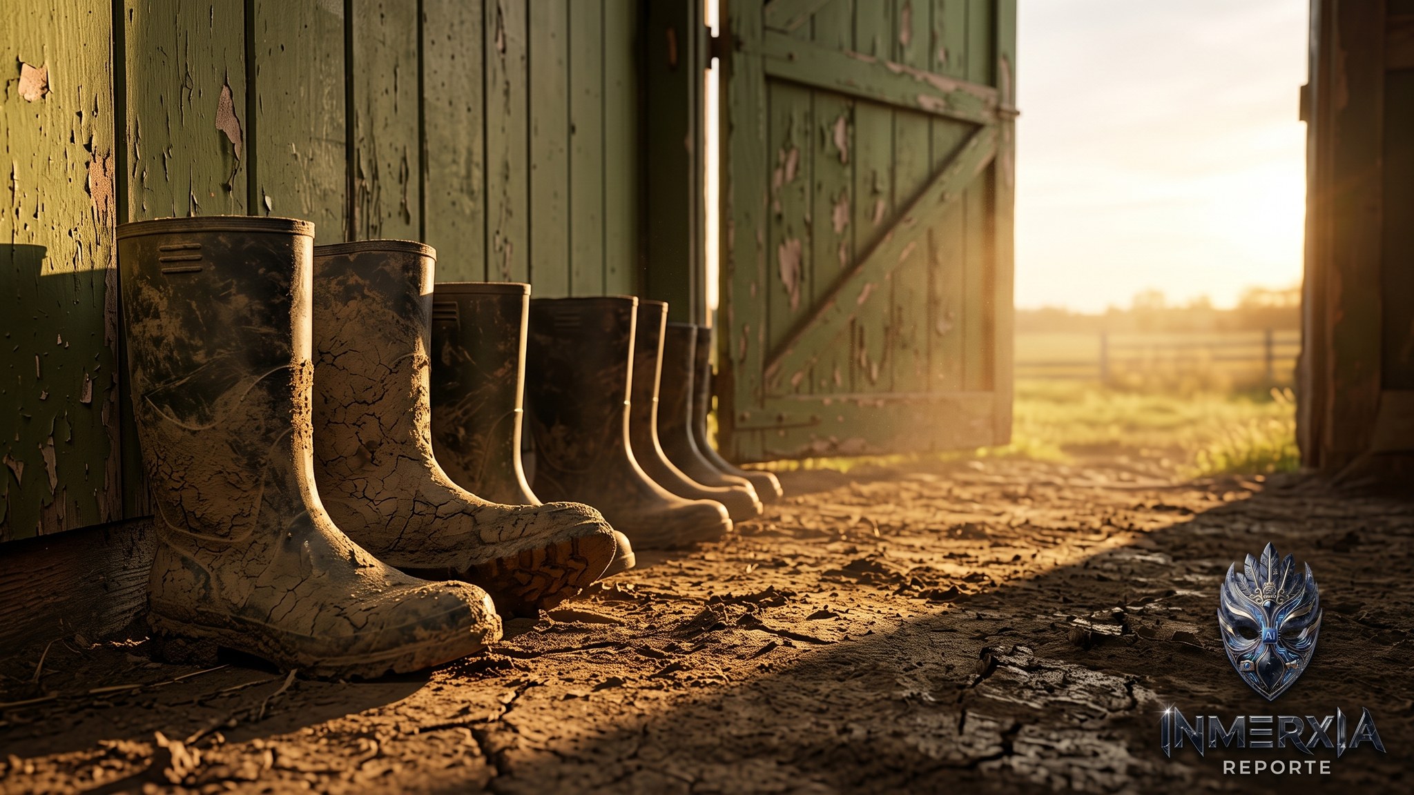 Botas de hule embarradas de lodo alineadas junto al portón abierto de un granero de madera verde, con el campo al atardecer al fondo