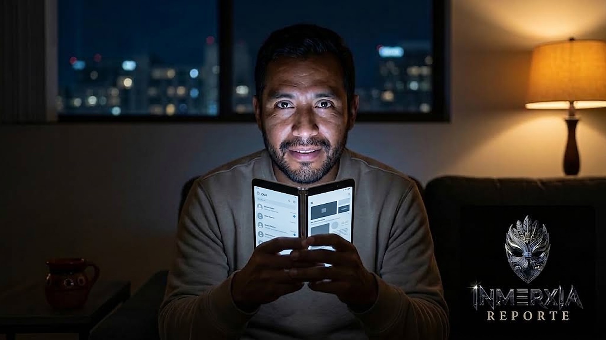 Hombre con un celular plegable en las manos frente a la ventana de un departamento con la ciudad de noche al fondo