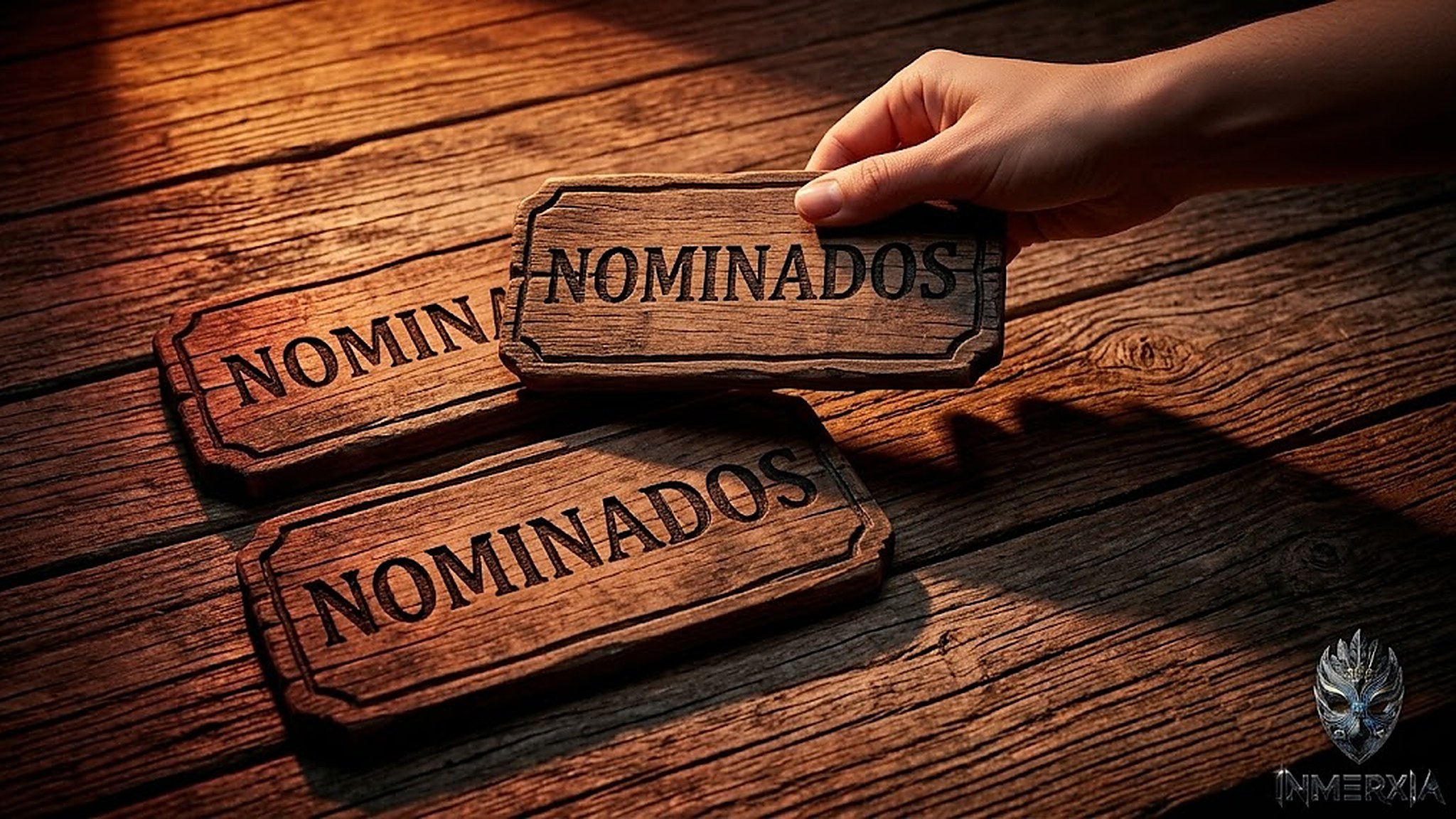 Una mano levanta una de tres placas de madera con la palabra Nominados sobre una mesa rústica con luz cálida lateral