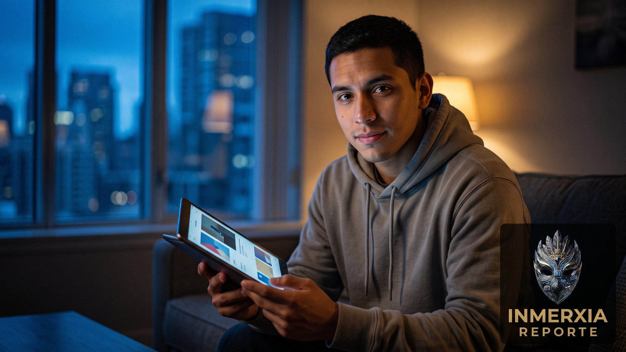 Young man holding a tablet at night in a US apartment, city skyline visible through the window behind him